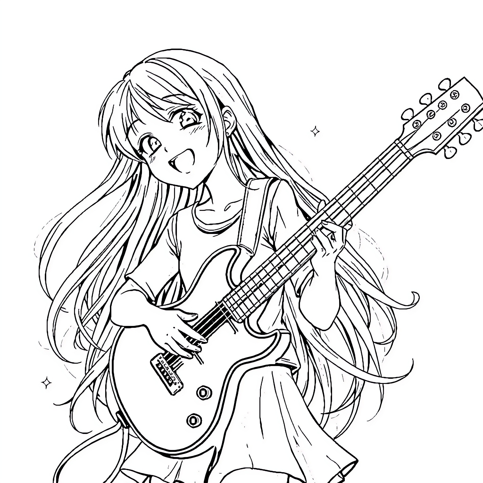 Girl playing guitar passionately on stage Coloring Page (free black-and-white line drawing printable PDF for all, from beginners to advanced learners, including children, teens, adults, and seniors)