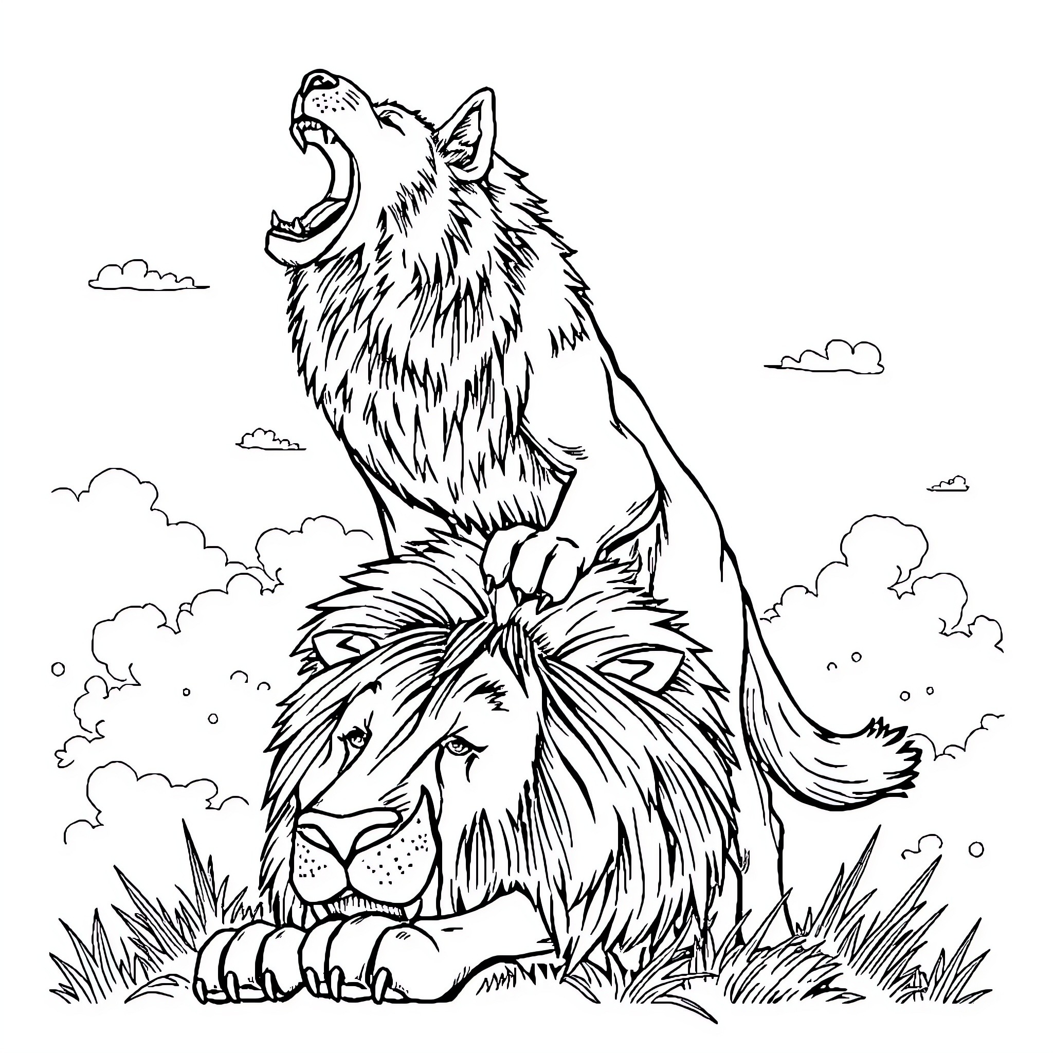 Wolf howling above resting lion in wild grasslands Coloring Page (free black-and-white line drawing printable PDF for all, from beginners to advanced learners, including children, teens, adults, and seniors)