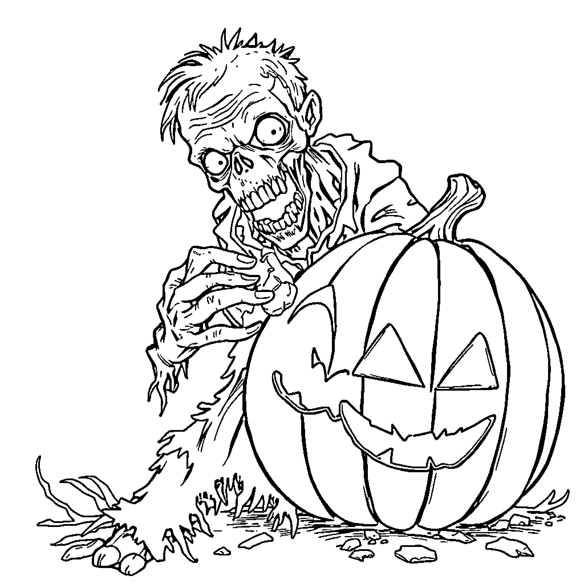 Zombie with Jack-o'-lantern in Spooky Scene Coloring Page (free black-and-white line drawing printable PDF for all, from beginners to advanced learners, including children, teens, adults, and seniors)