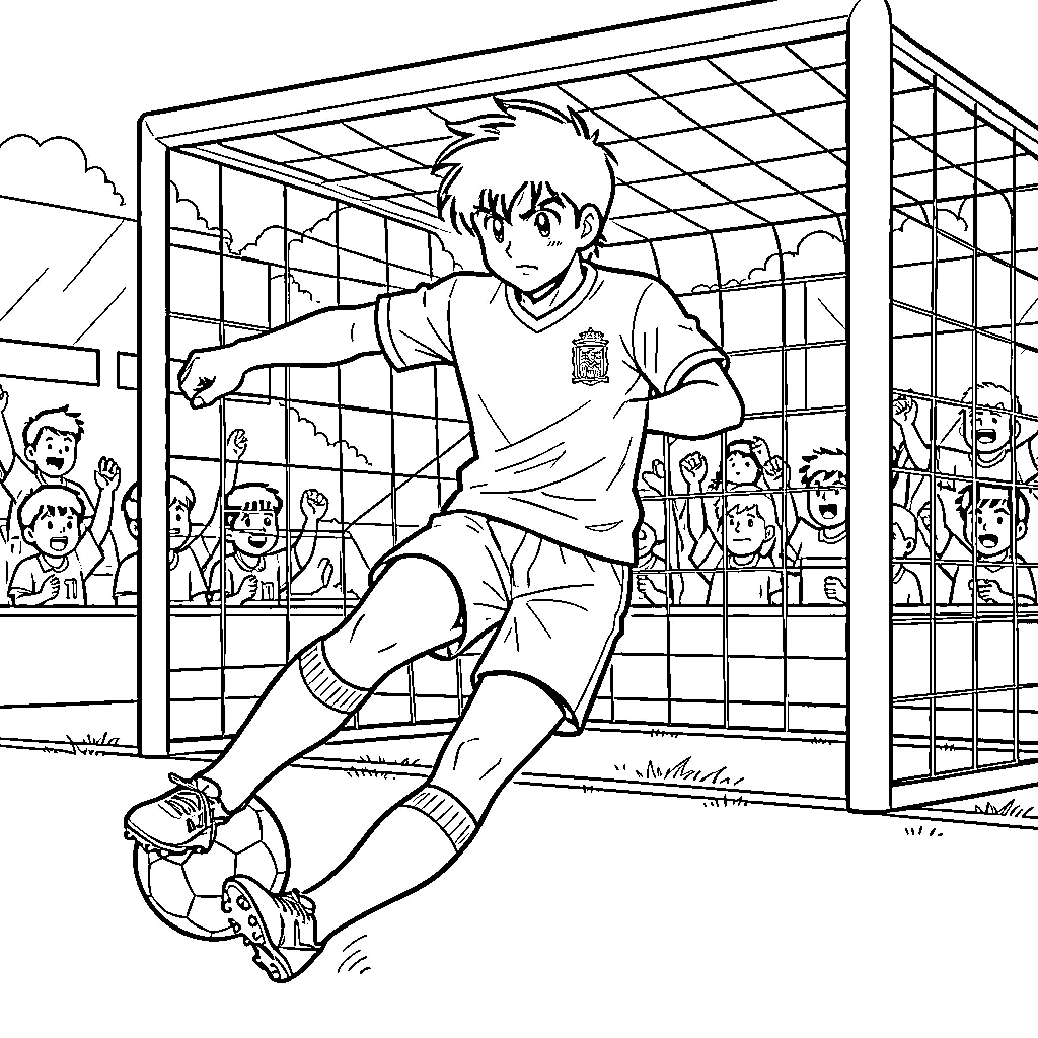 Captain Tsubasa kicking a soccer ball towards goal Coloring Page (free black-and-white line drawing printable PDF for all, from beginners to advanced learners, including children, teens, adults, and seniors)