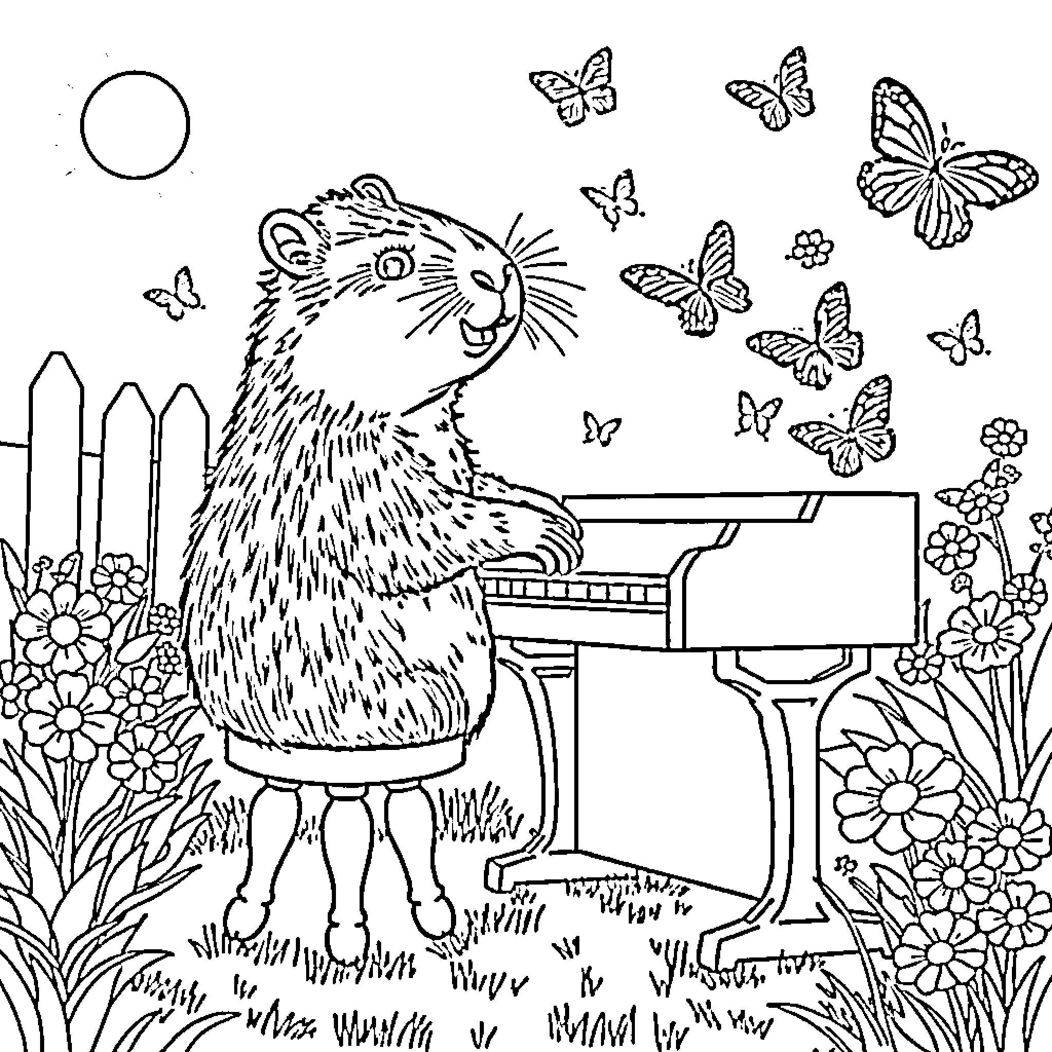Capybara playing joyfully with butterflies in a garden Coloring Page (free black-and-white line drawing printable PDF for all, from beginners to advanced learners, including children, teens, adults, and seniors)
