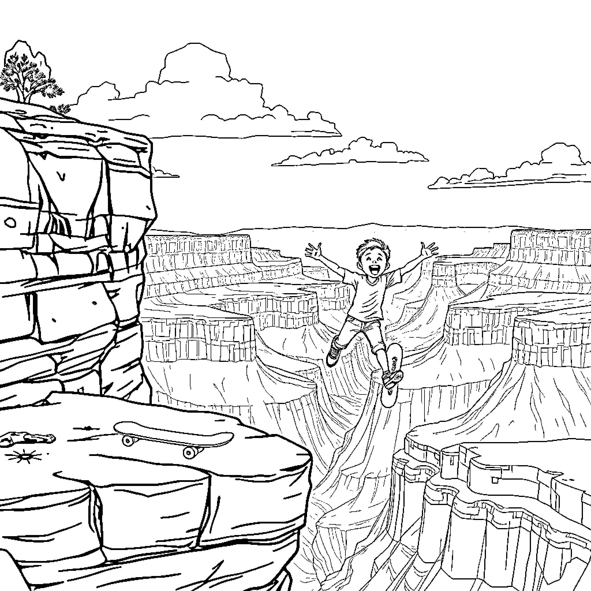 Boy exploring the rugged cliffs with joy and wonder Coloring Page (free black-and-white line drawing printable PDF for all, from beginners to advanced learners, including children, teens, adults, and seniors)