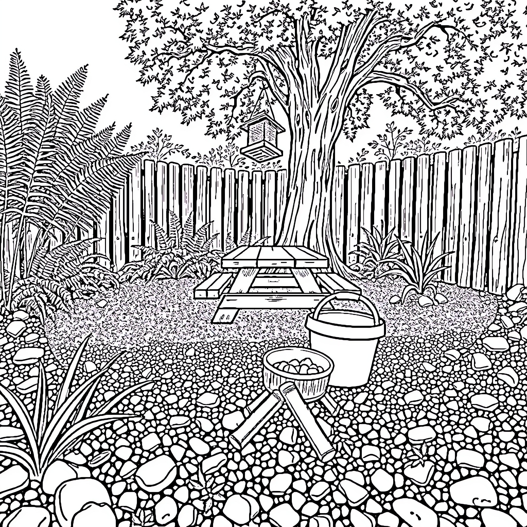 Garden Oasis with Picnic Scenery Coloring Page (free black-and-white line drawing printable PDF for all, from beginners to advanced learners, including children, teens, adults, and seniors)