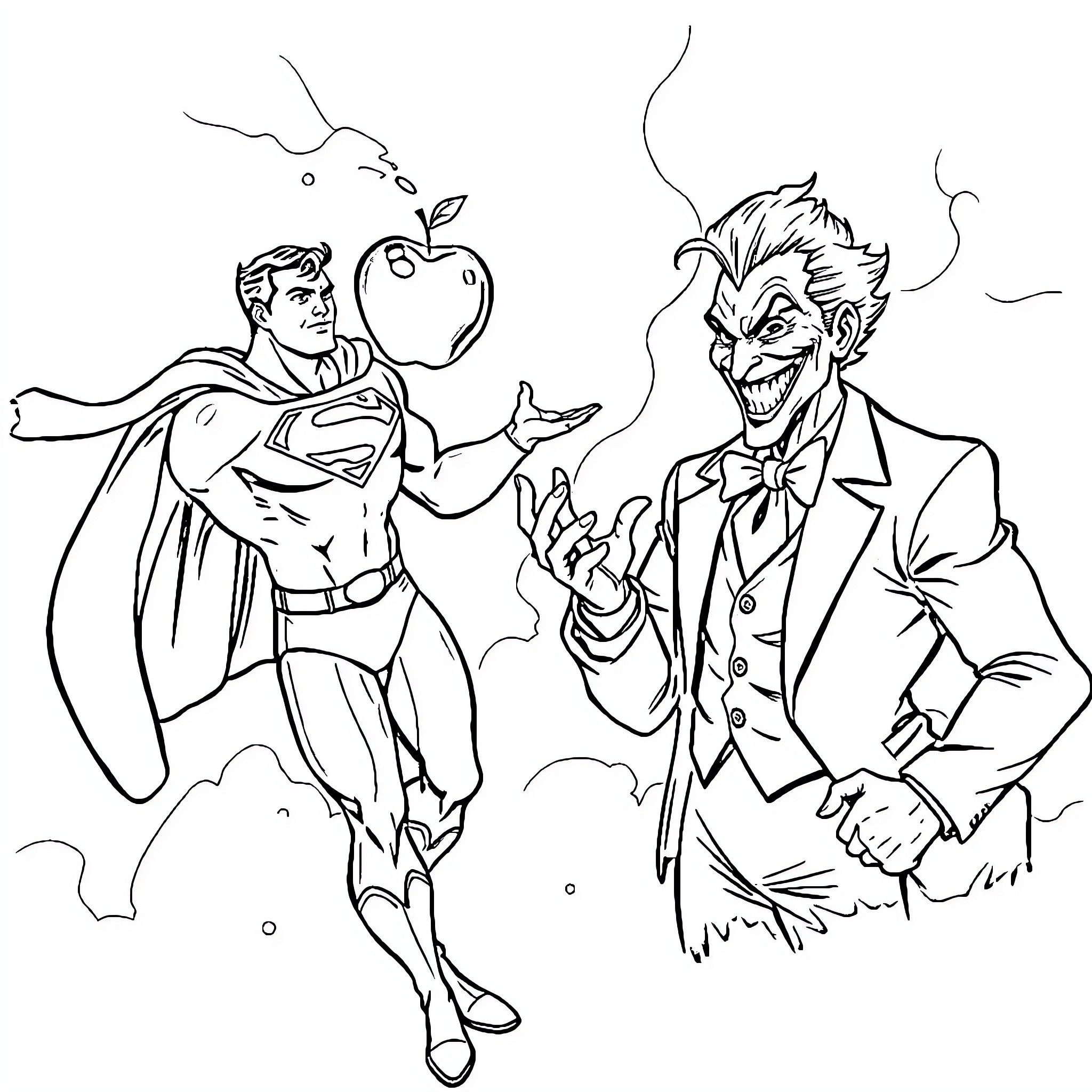Superman confronts the Joker in a tense standoff Coloring Page (free black-and-white line drawing printable PDF for all, from beginners to advanced learners, including children, teens, adults, and seniors)