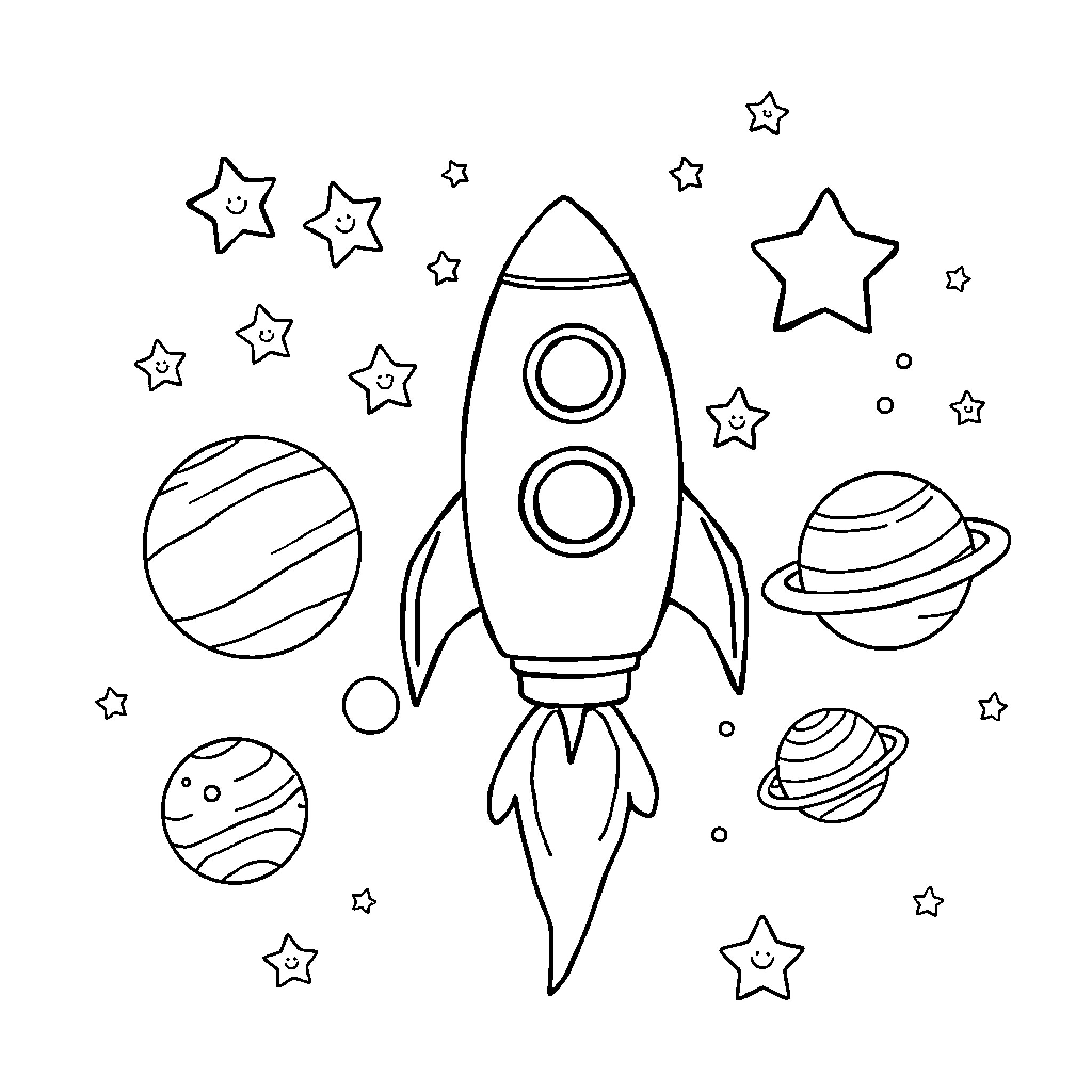Rocket launching into space with planets and stars Coloring Page (free black-and-white line drawing printable PDF for all, from beginners to advanced learners, including children, teens, adults, and seniors)