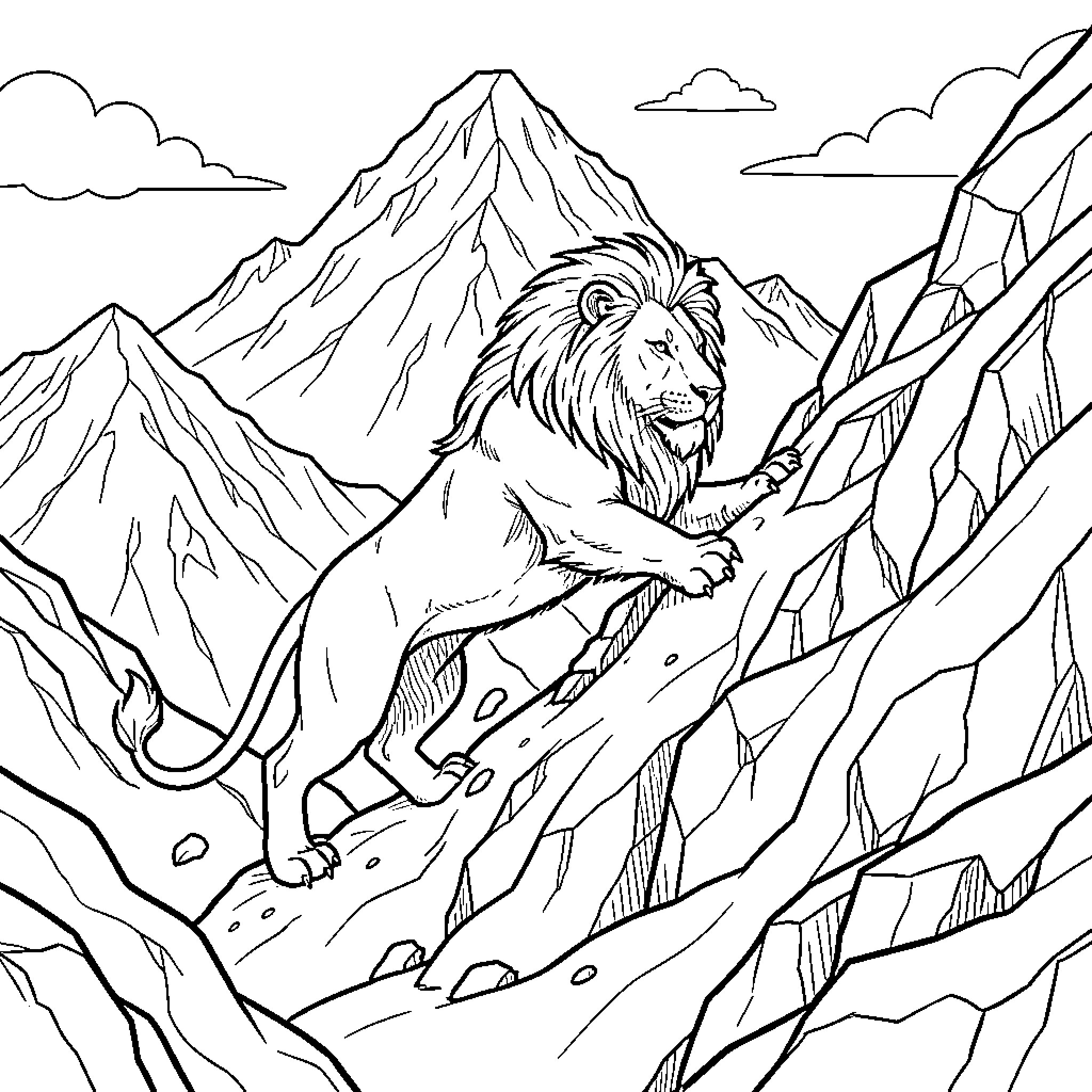 Lion prowling majestically through rugged mountain terrain Coloring Page (free black-and-white line drawing printable PDF for all, from beginners to advanced learners, including children, teens, adults, and seniors)