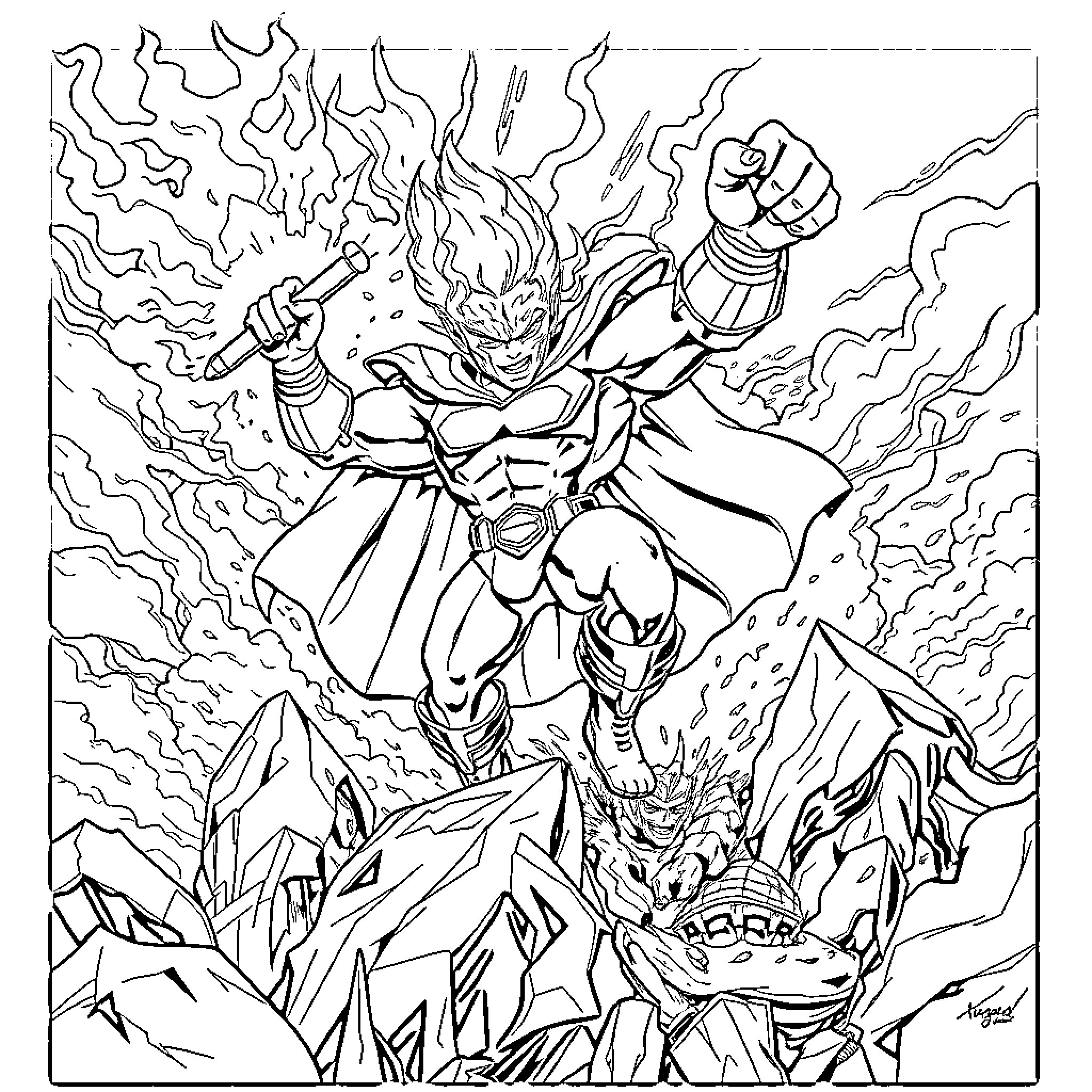 Titan Warrior Unleashing Powerful Energy Blast Coloring Page (free black-and-white line drawing printable PDF for all, from beginners to advanced learners, including children, teens, adults, and seniors)