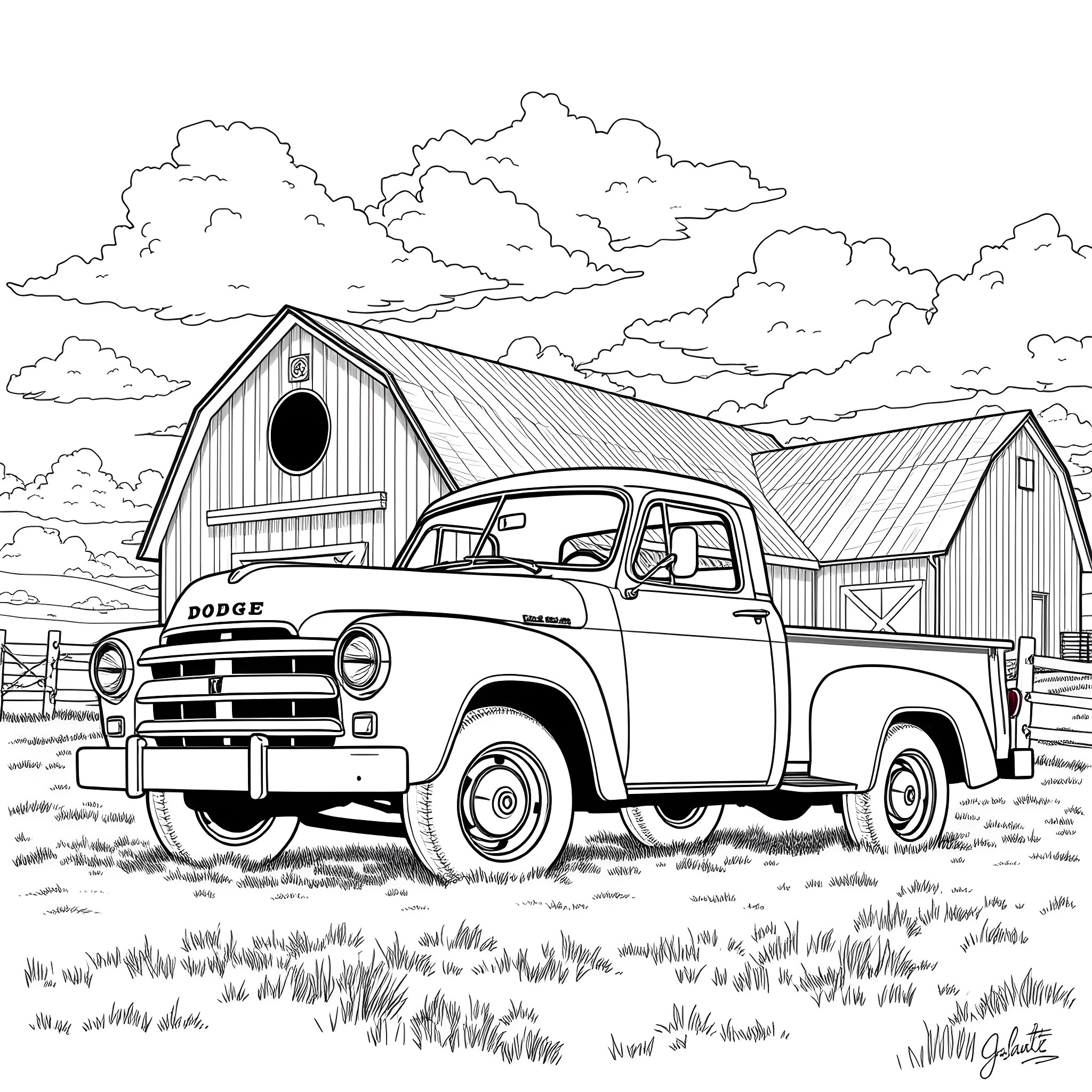 Dodge Pickup truck parked in a rural countryside Coloring Page (free black-and-white line drawing printable PDF for all, from beginners to advanced learners, including children, teens, adults, and seniors)