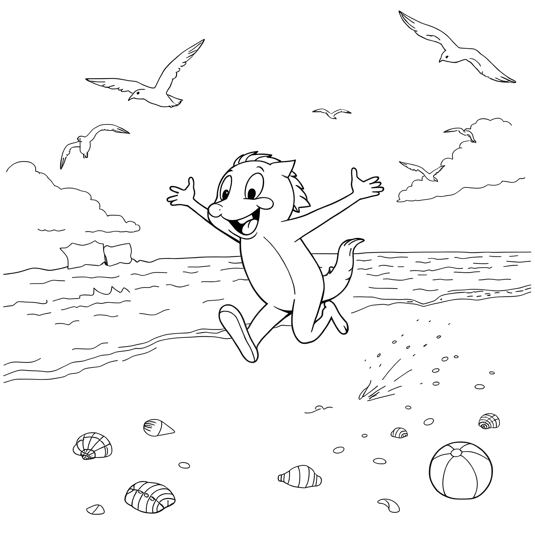 Pickatsho having fun at the beach Coloring Page (free black-and-white line drawing printable PDF for all, from beginners to advanced learners, including children, teens, adults, and seniors)