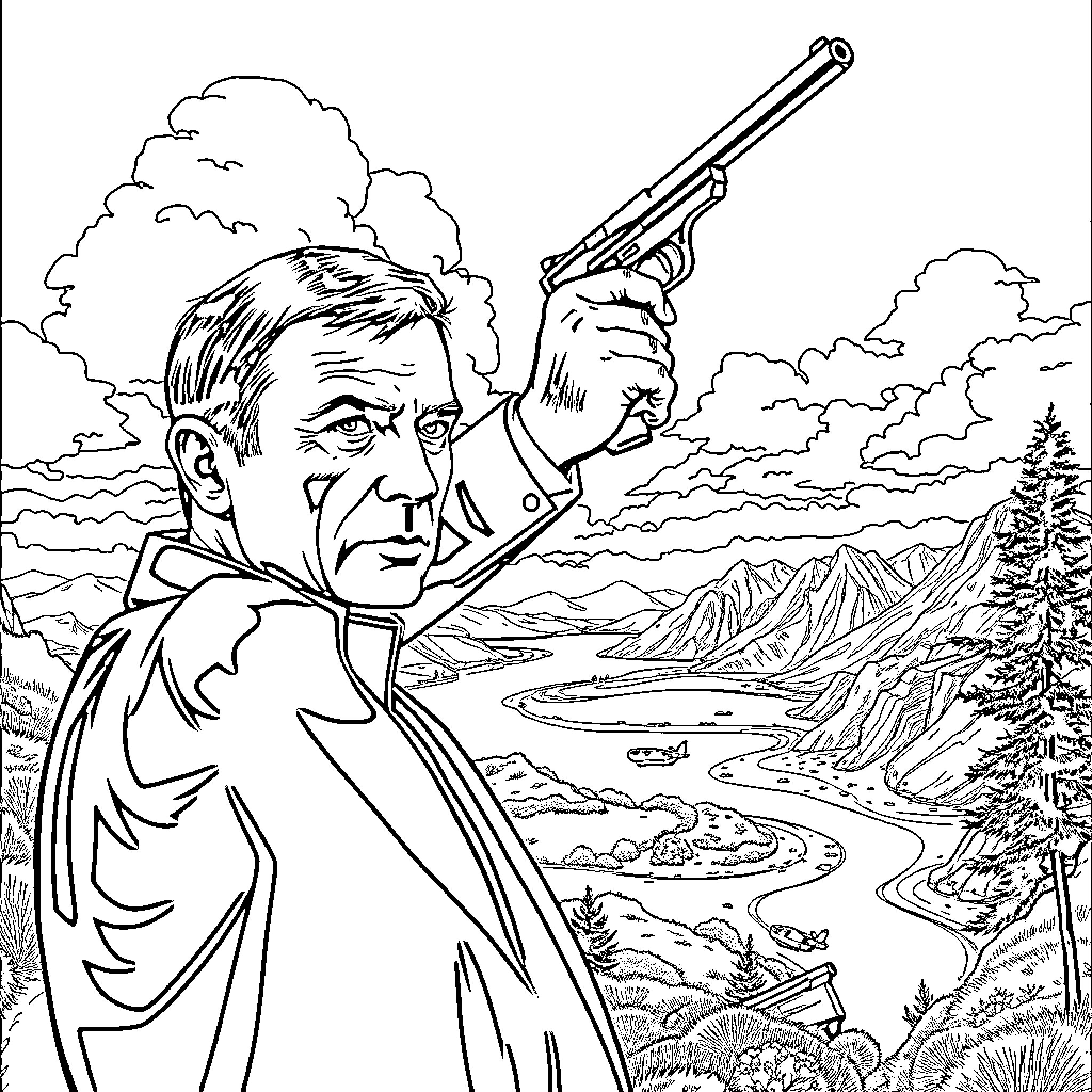 James Bond in action hero pose with gun in dramatic landscape Coloring Page (free black-and-white line drawing printable PDF for all, from beginners to advanced learners, including children, teens, adults, and seniors)