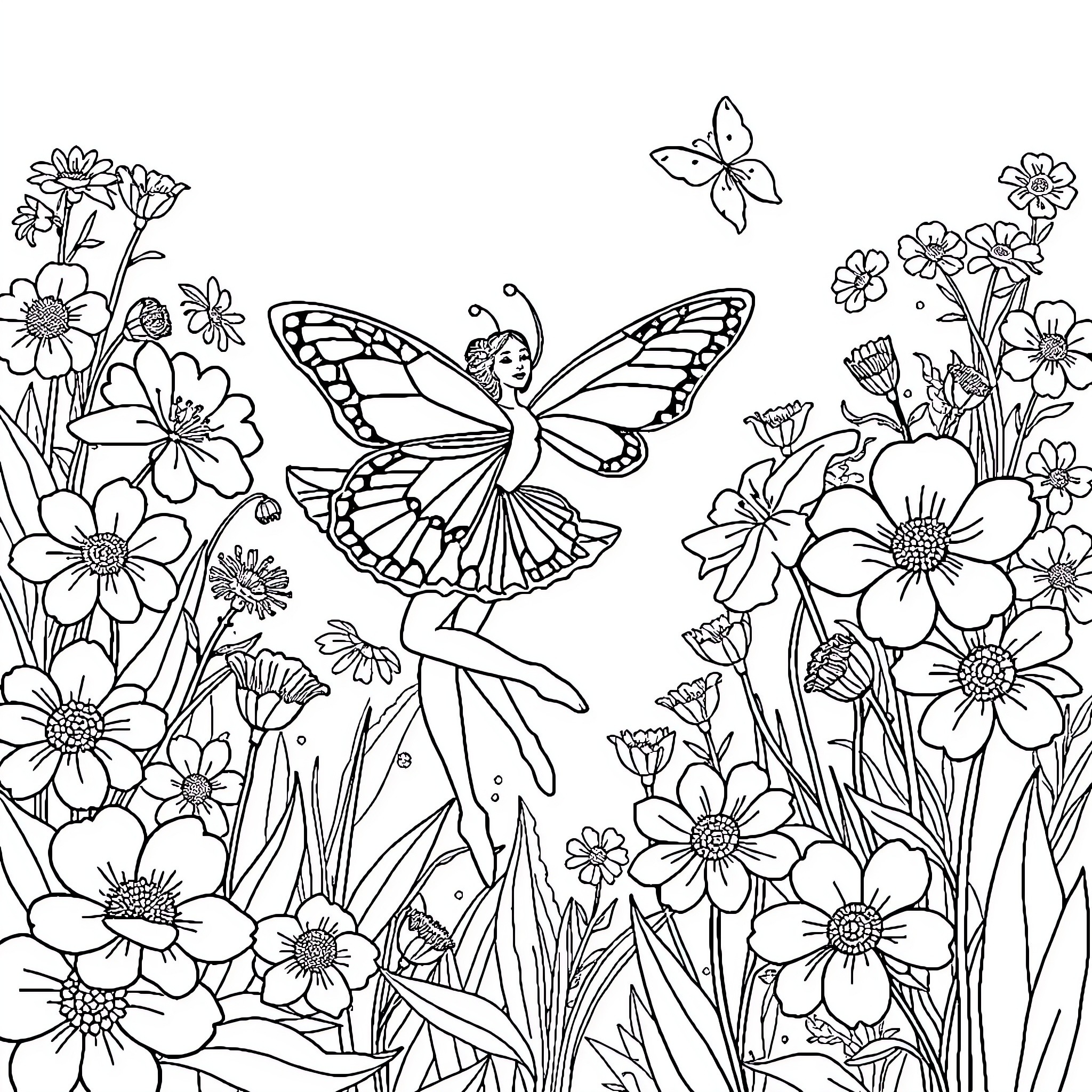 Butterfly fairy among the blooming flowers Coloring Page (free black-and-white line drawing printable PDF for all, from beginners to advanced learners, including children, teens, adults, and seniors)