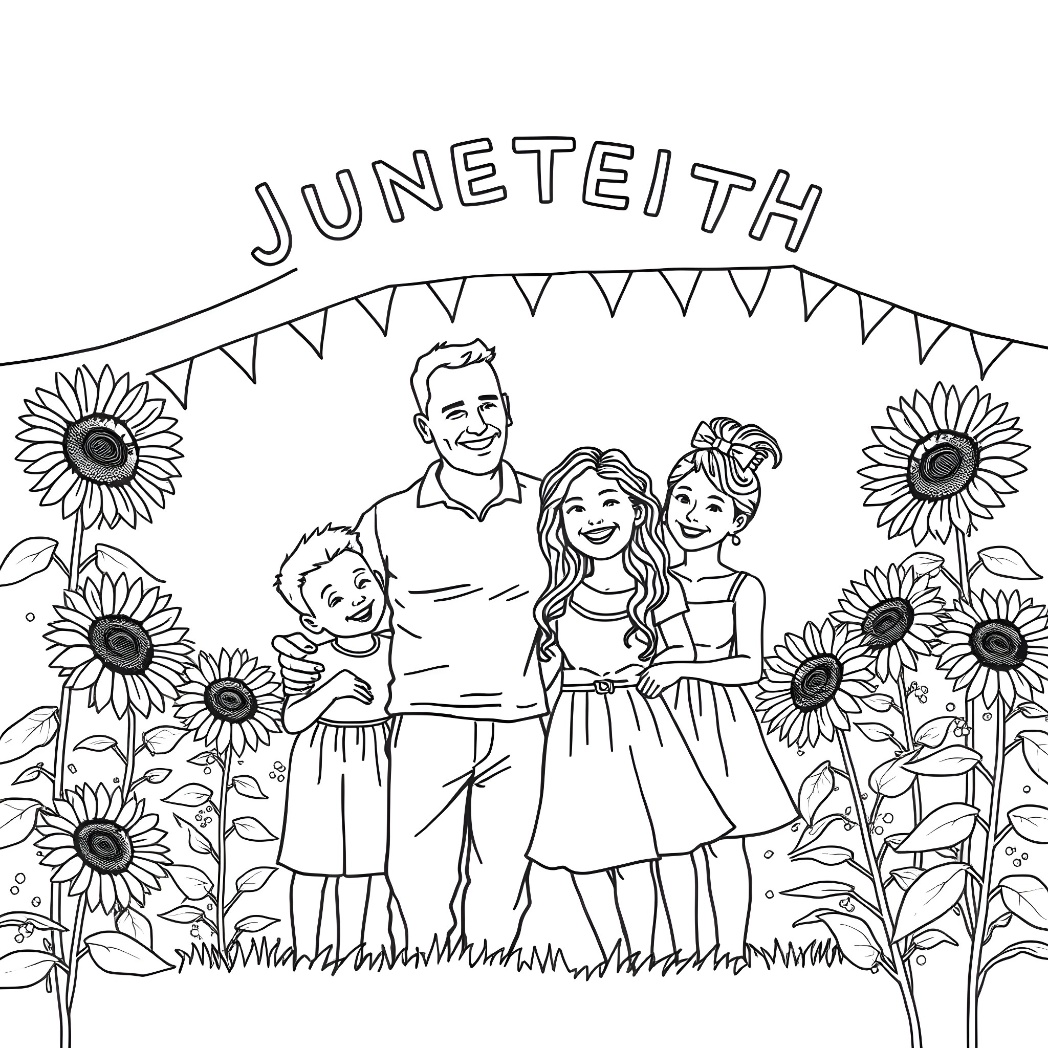 Father's Day with Family in the Garden Coloring Page (free black-and-white line drawing printable PDF for all, from beginners to advanced learners, including children, teens, adults, and seniors)