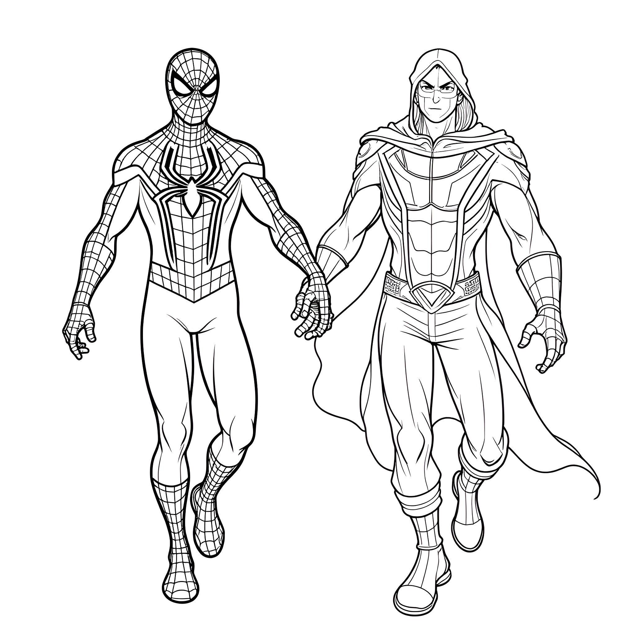 Spider-Man and Mysterious Ally in Action Coloring Page (free black-and-white line drawing printable PDF for all, from beginners to advanced learners, including children, teens, adults, and seniors)