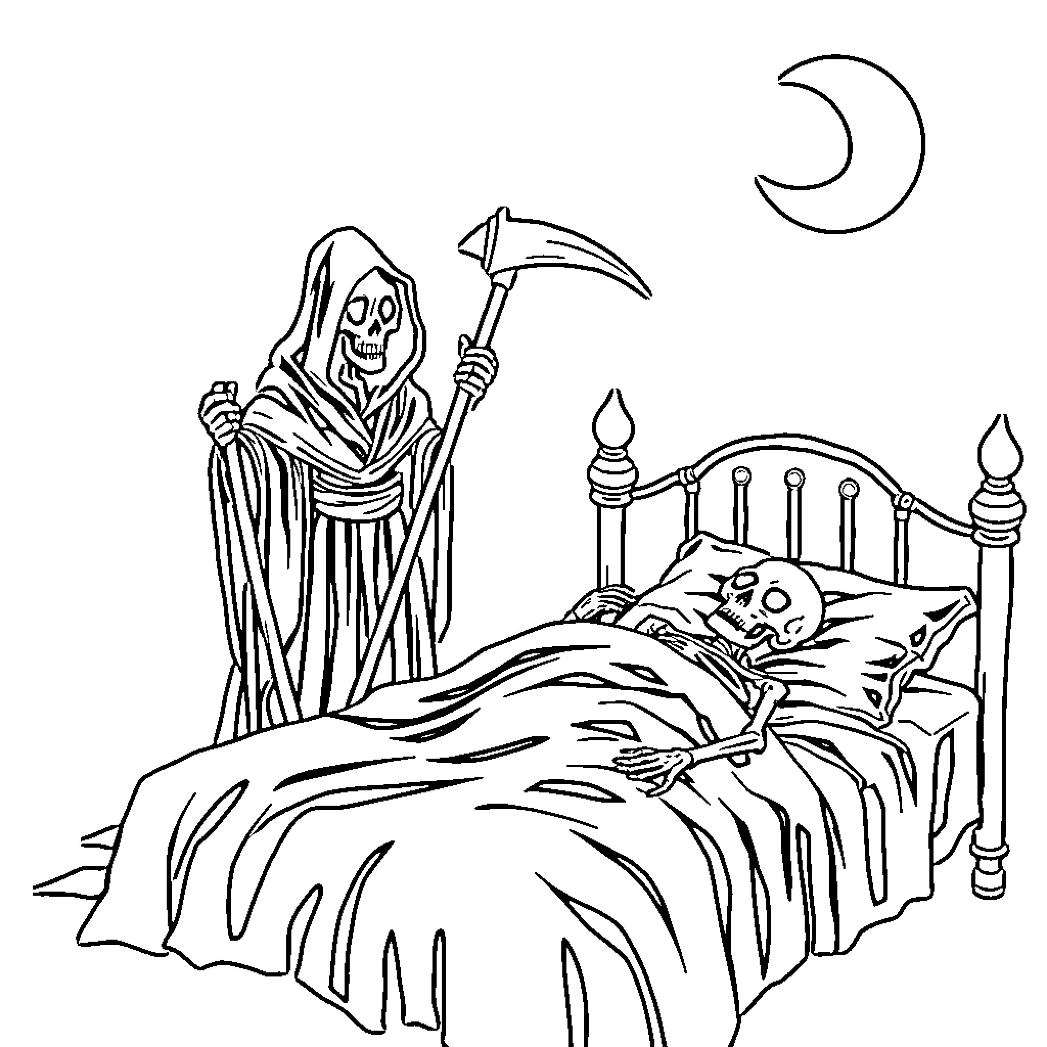 Grim Reaper standing beside a sleeping person Coloring Page (free black-and-white line drawing printable PDF for all, from beginners to advanced learners, including children, teens, adults, and seniors)