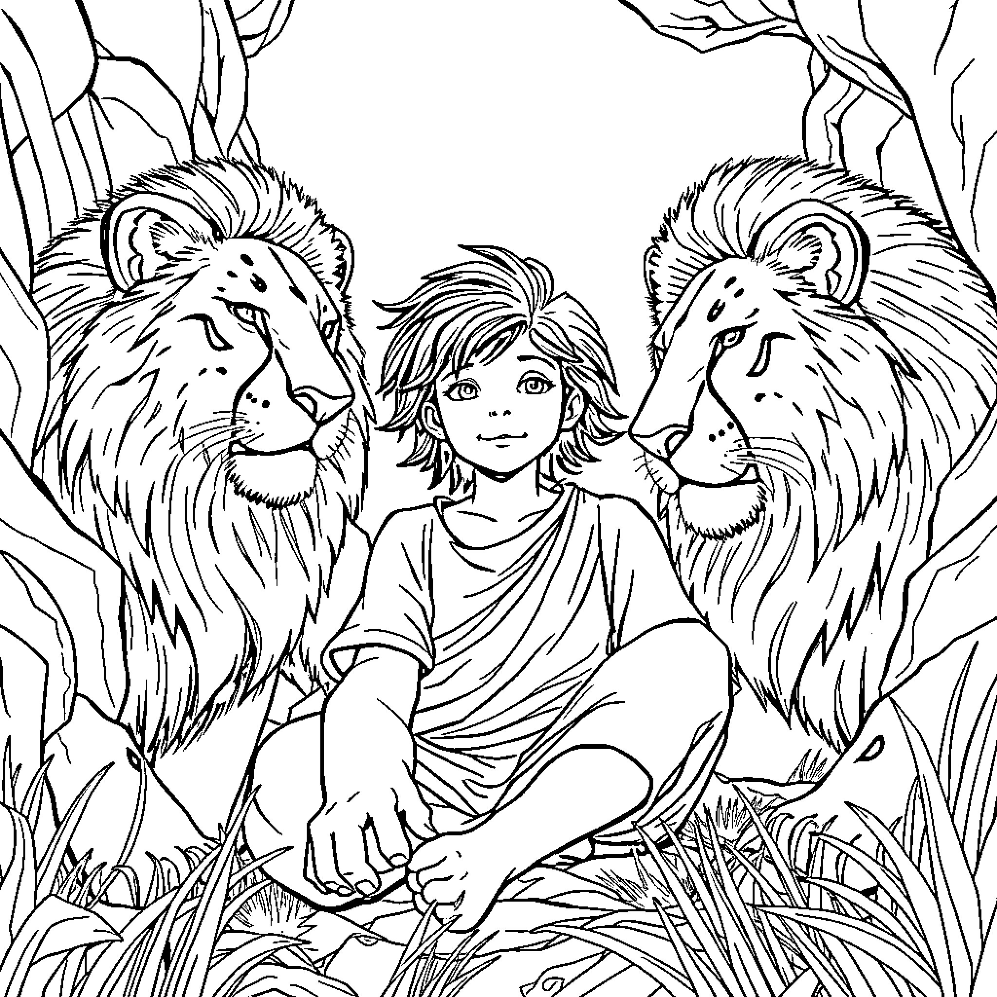 Lion and young person in wild nature Coloring Page (free black-and-white line drawing printable PDF for all, from beginners to advanced learners, including children, teens, adults, and seniors)