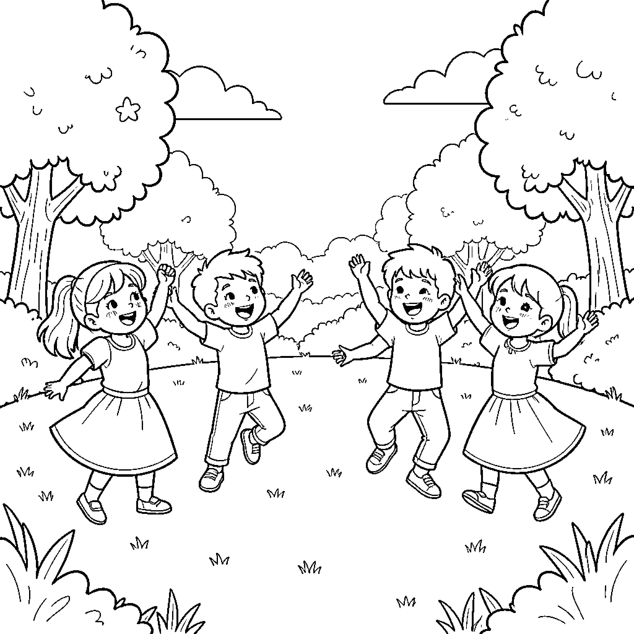 Child friends jumping joyfully in a park Coloring Page (free black-and-white line drawing printable PDF for all, from beginners to advanced learners, including children, teens, adults, and seniors)