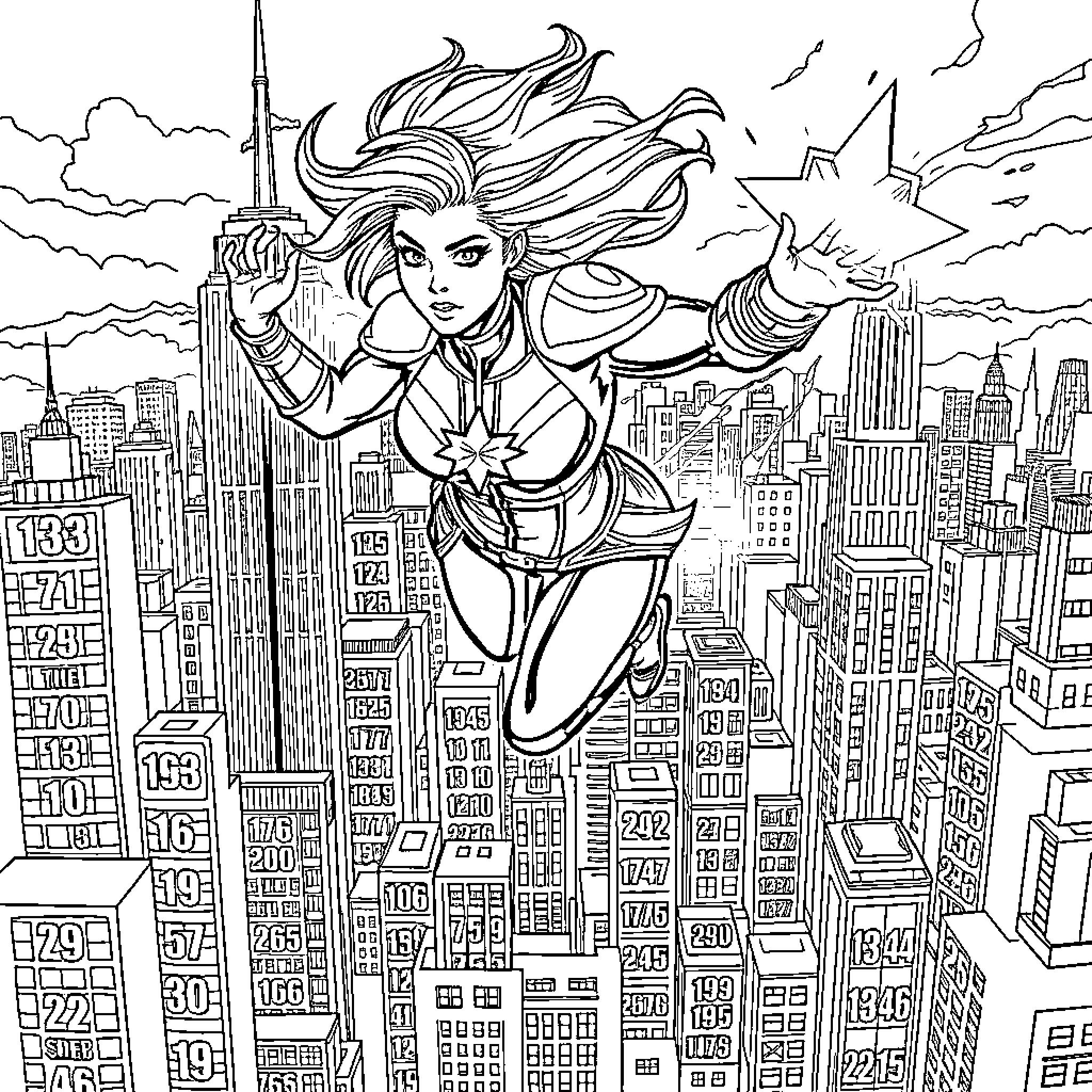 Captain Marvel soars over the city skyline Coloring Page (free black-and-white line drawing printable PDF for all, from beginners to advanced learners, including children, teens, adults, and seniors)