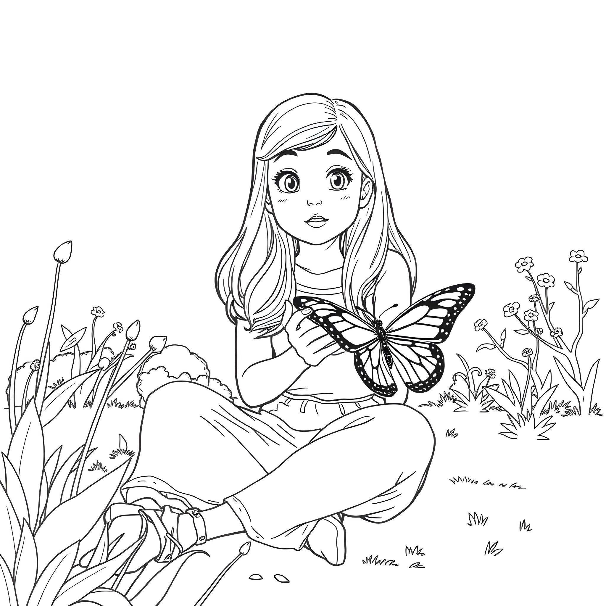 Olivia Rodrigo sitting with a butterfly in a floral garden Coloring Page (free black-and-white line drawing printable PDF for all, from beginners to advanced learners, including children, teens, adults, and seniors)