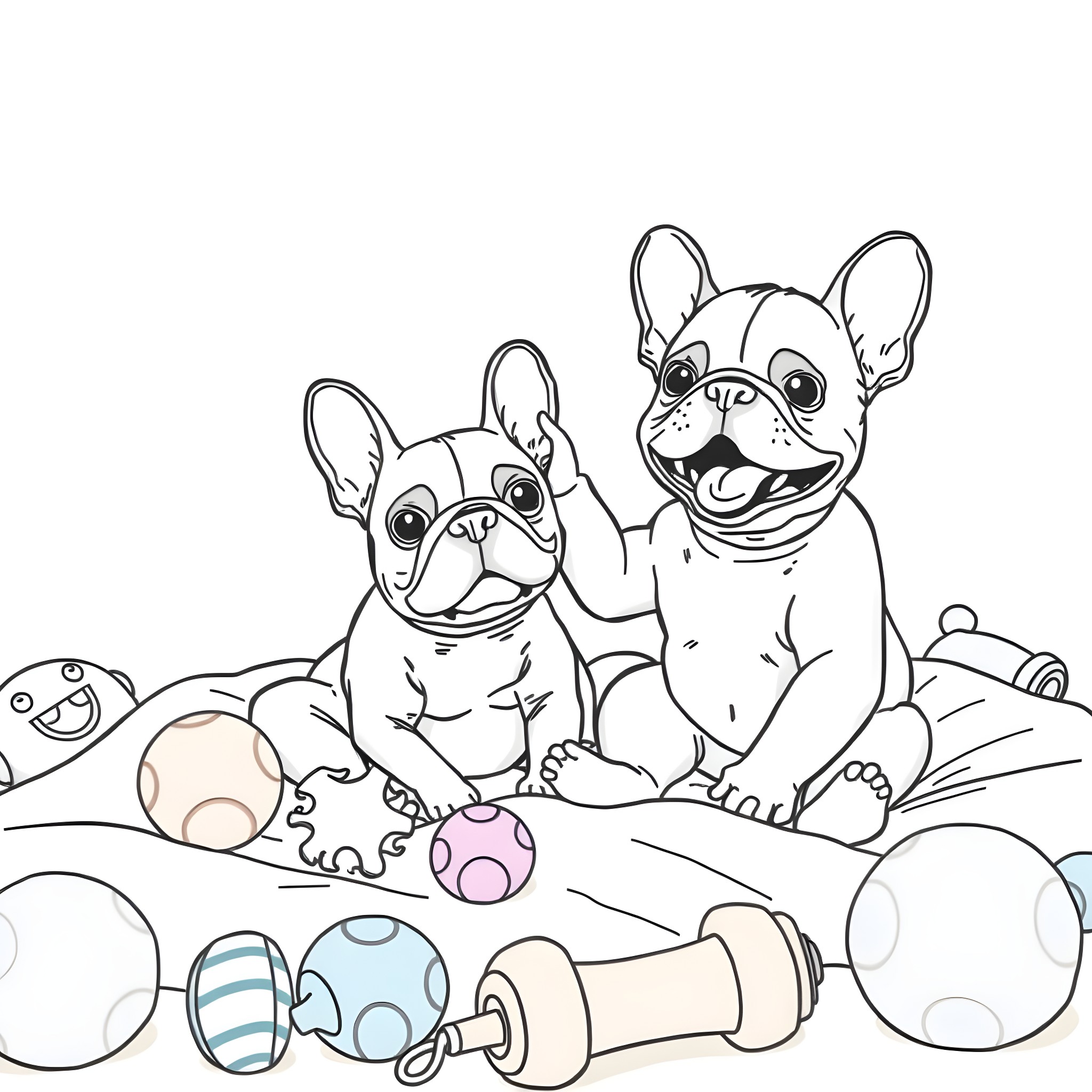 Baby French Bulldogs Playing with Toys Coloring Page (free black-and-white line drawing printable PDF for all, from beginners to advanced learners, including children, teens, adults, and seniors)