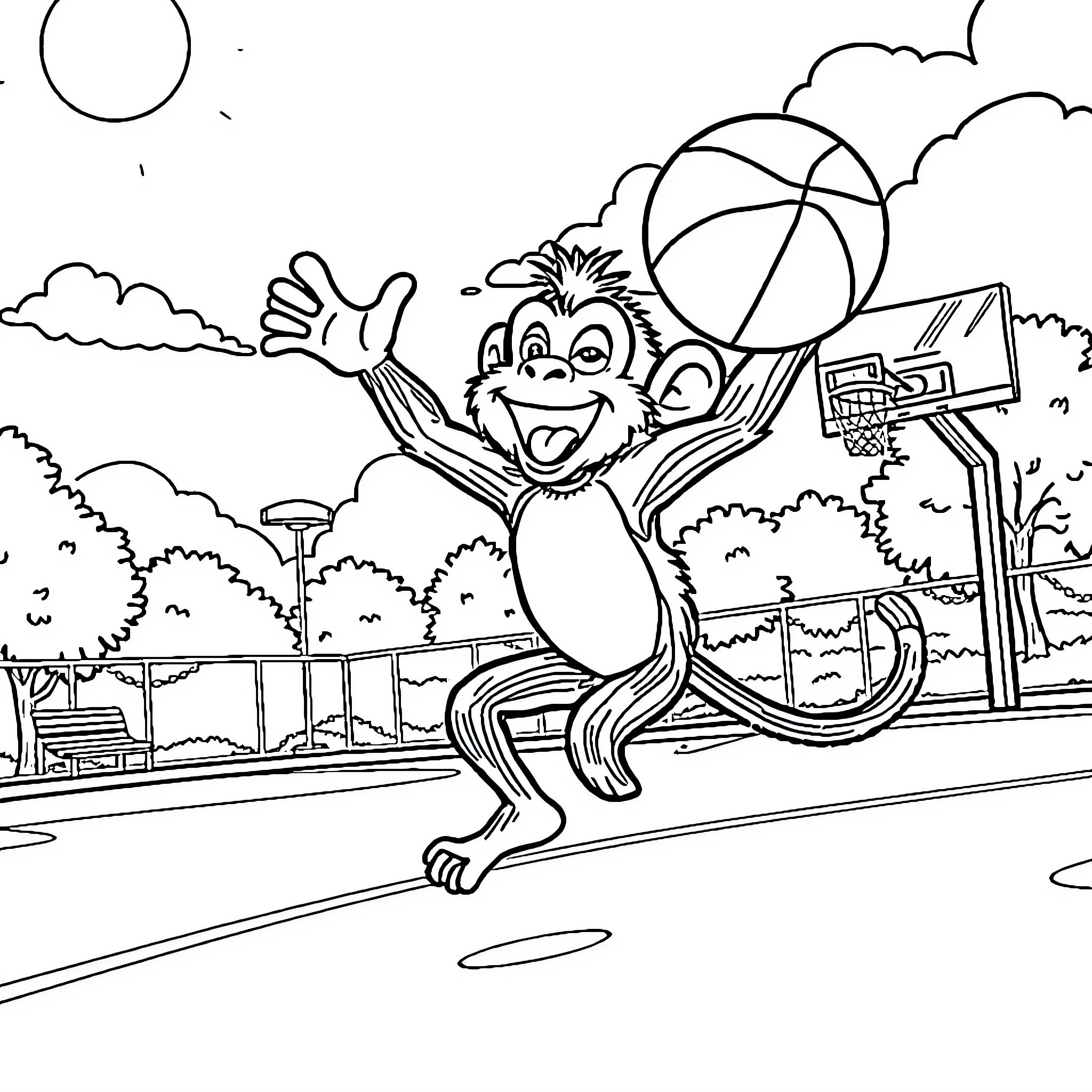 Monkey playing basketball happily on the court Coloring Page (free black-and-white line drawing printable PDF for all, from beginners to advanced learners, including children, teens, adults, and seniors)