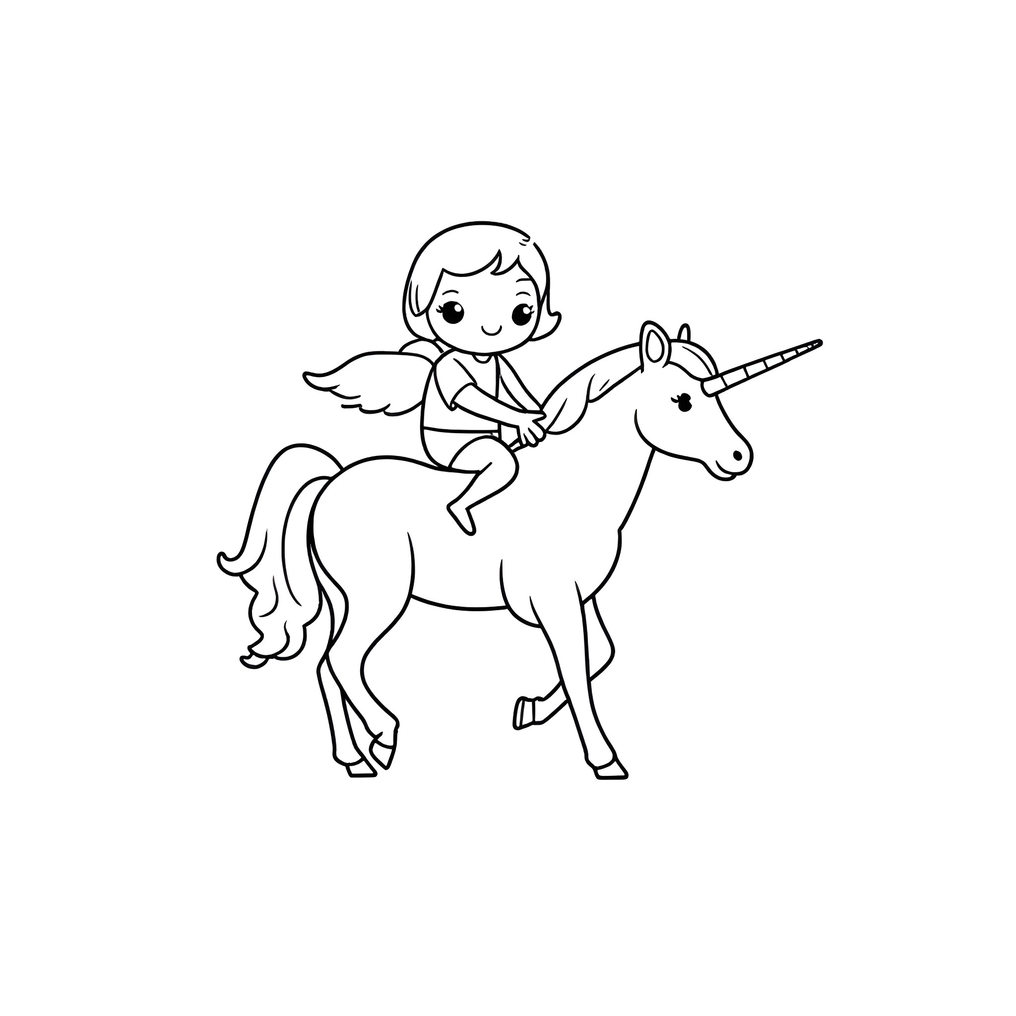 Unicorn and child riding together Coloring Page (free black-and-white line drawing printable PDF for all, from beginners to advanced learners, including children, teens, adults, and seniors)
