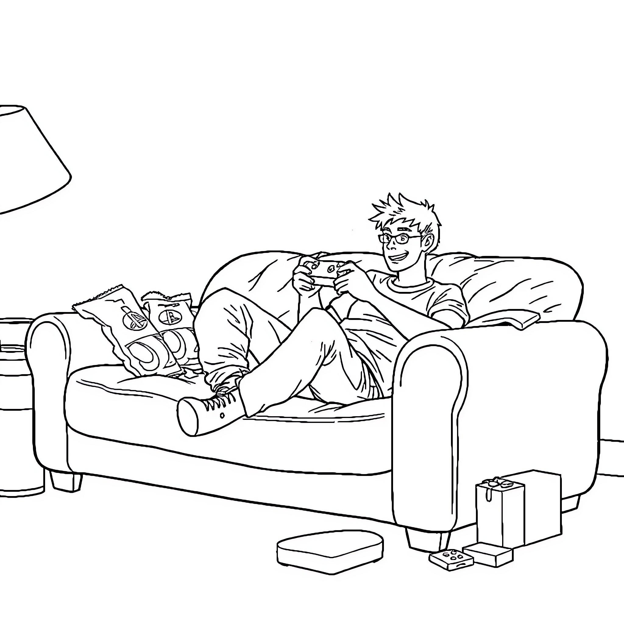 Gamer engrossed in video game on couch Coloring Page (free black-and-white line drawing printable PDF for all, from beginners to advanced learners, including children, teens, adults, and seniors)