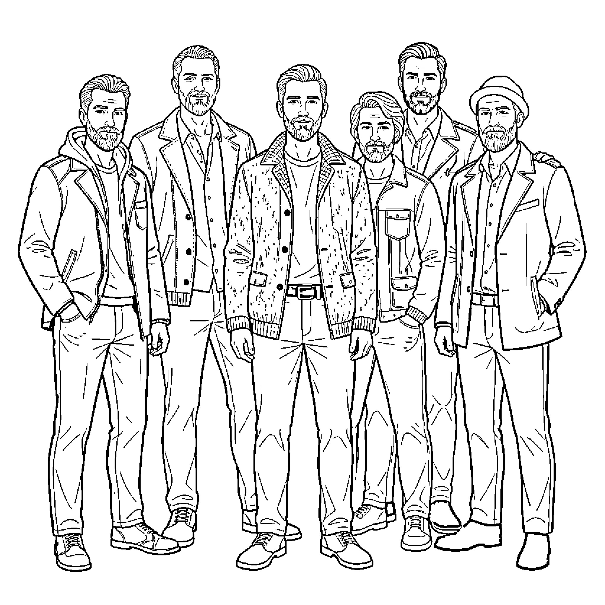 Man in casual outfits posing as a group Coloring Page (free black-and-white line drawing printable PDF for all, from beginners to advanced learners, including children, teens, adults, and seniors)