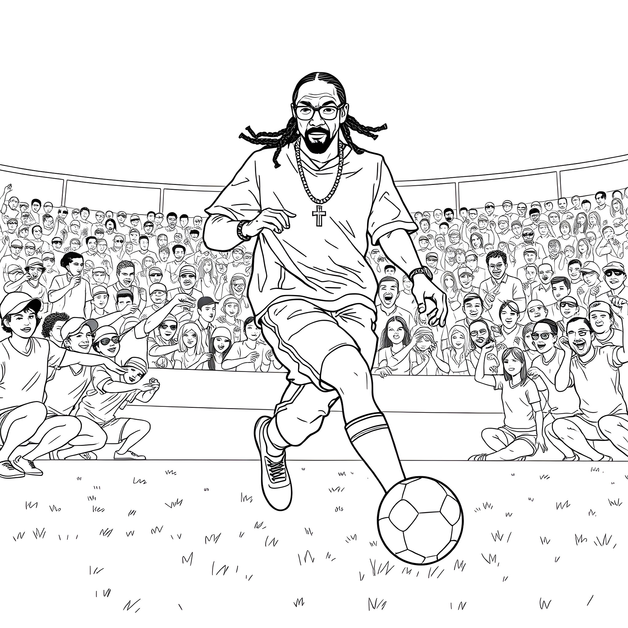 Snoop Dogg dribbling soccer ball in front of crowd Coloring Page (free black-and-white line drawing printable PDF for all, from beginners to advanced learners, including children, teens, adults, and seniors)