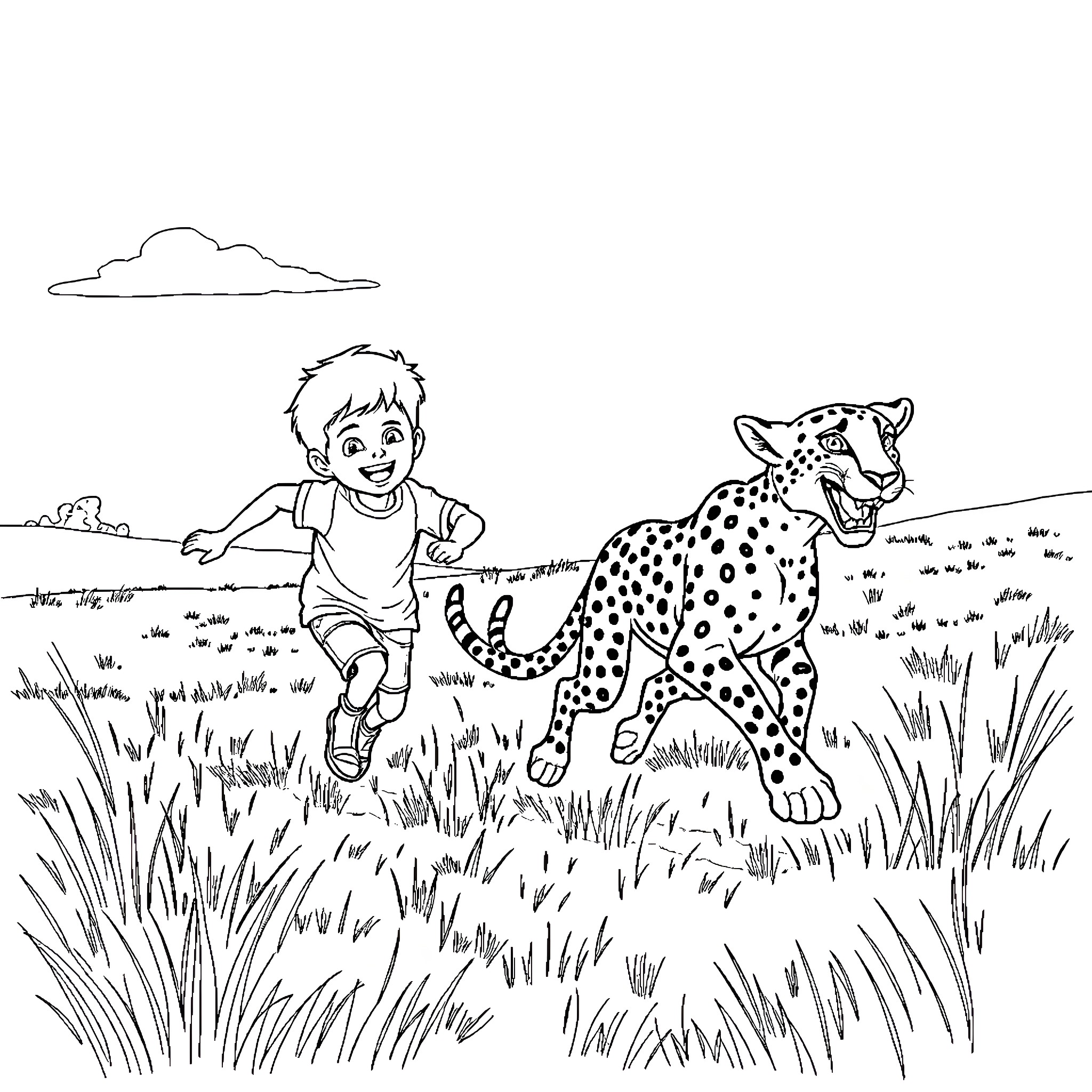 Boy chasing a cheetah on the African savanna Coloring Page (free black-and-white line drawing printable PDF for all, from beginners to advanced learners, including children, teens, adults, and seniors)