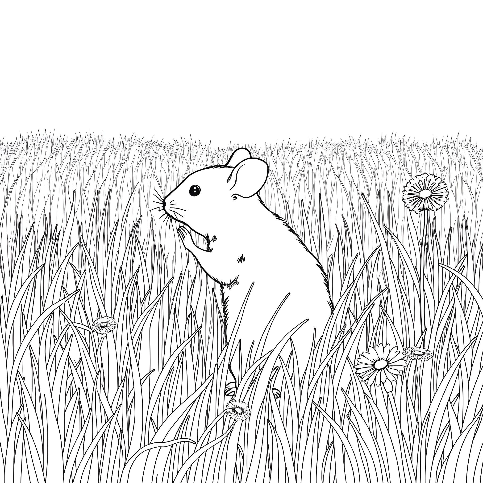 Mouse exploring the grassy field Coloring Page (free black-and-white line drawing printable PDF for all, from beginners to advanced learners, including children, teens, adults, and seniors)