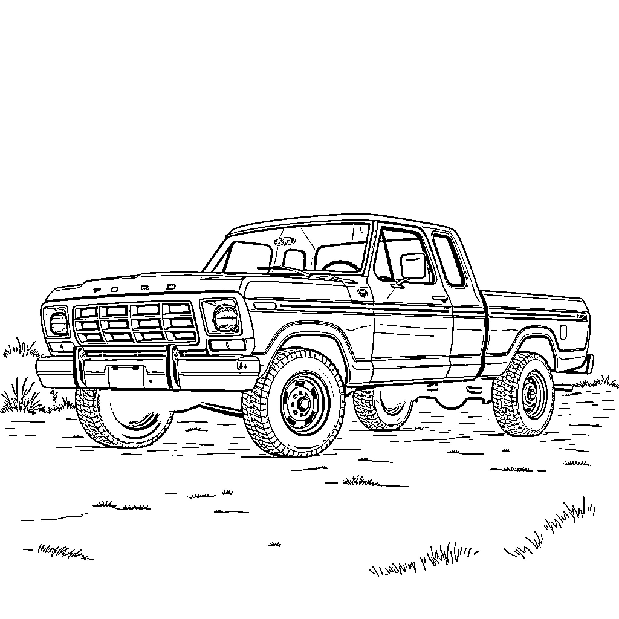Ford F350 truck in rugged outdoor scene Coloring Page (free black-and-white line drawing printable PDF for all, from beginners to advanced learners, including children, teens, adults, and seniors)