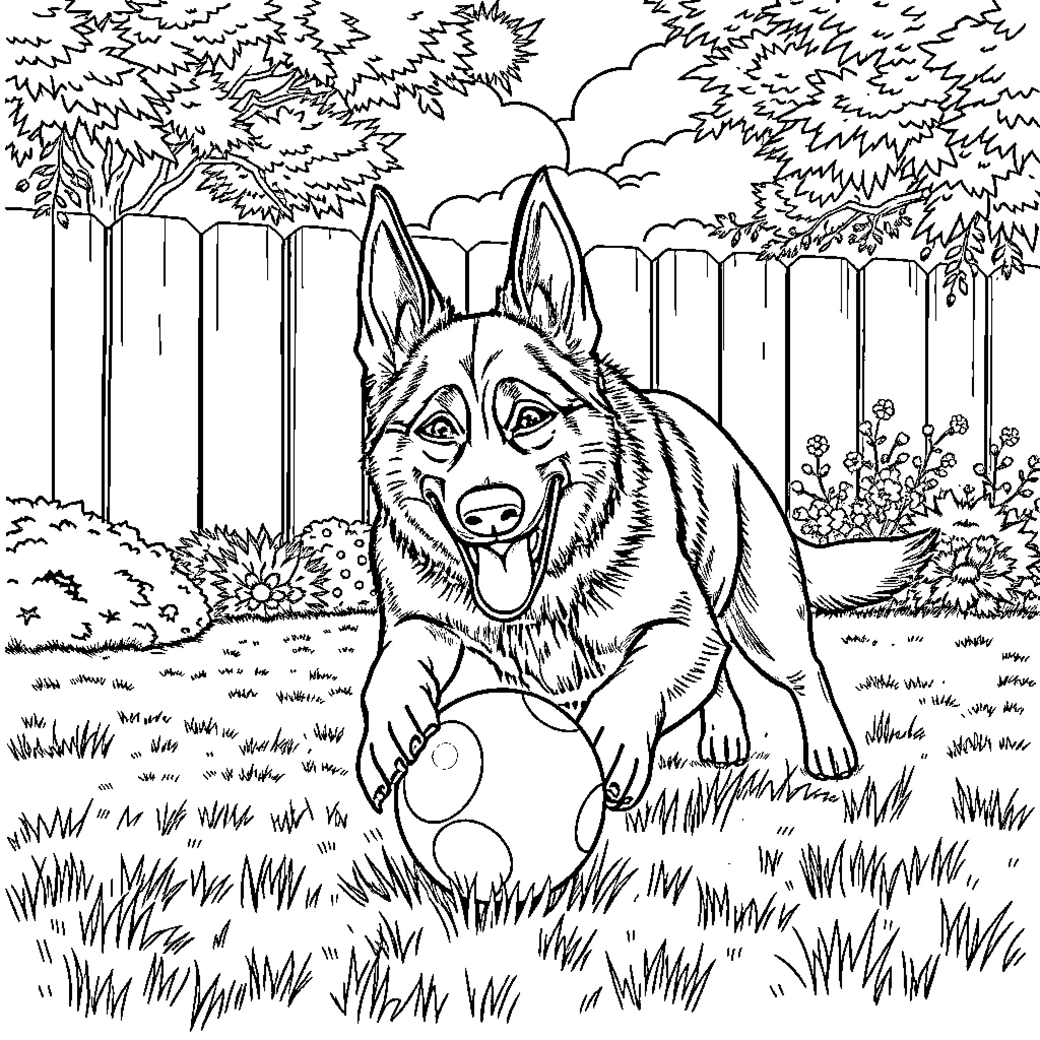 German Shepherd playing joyfully in the park Coloring Page (free black-and-white line drawing printable PDF for all, from beginners to advanced learners, including children, teens, adults, and seniors)