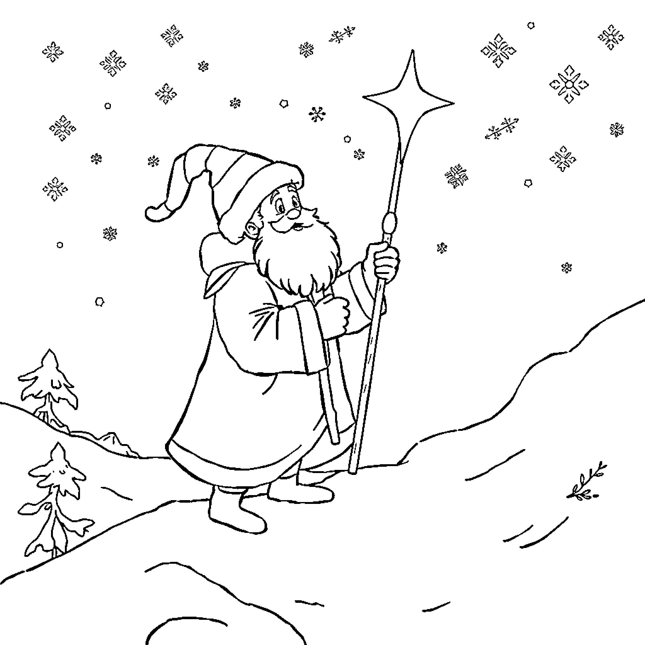 Dragon Wizard Casting Magical Spell in Snowy Landscape Coloring Page (free black-and-white line drawing printable PDF for all, from beginners to advanced learners, including children, teens, adults, and seniors)
