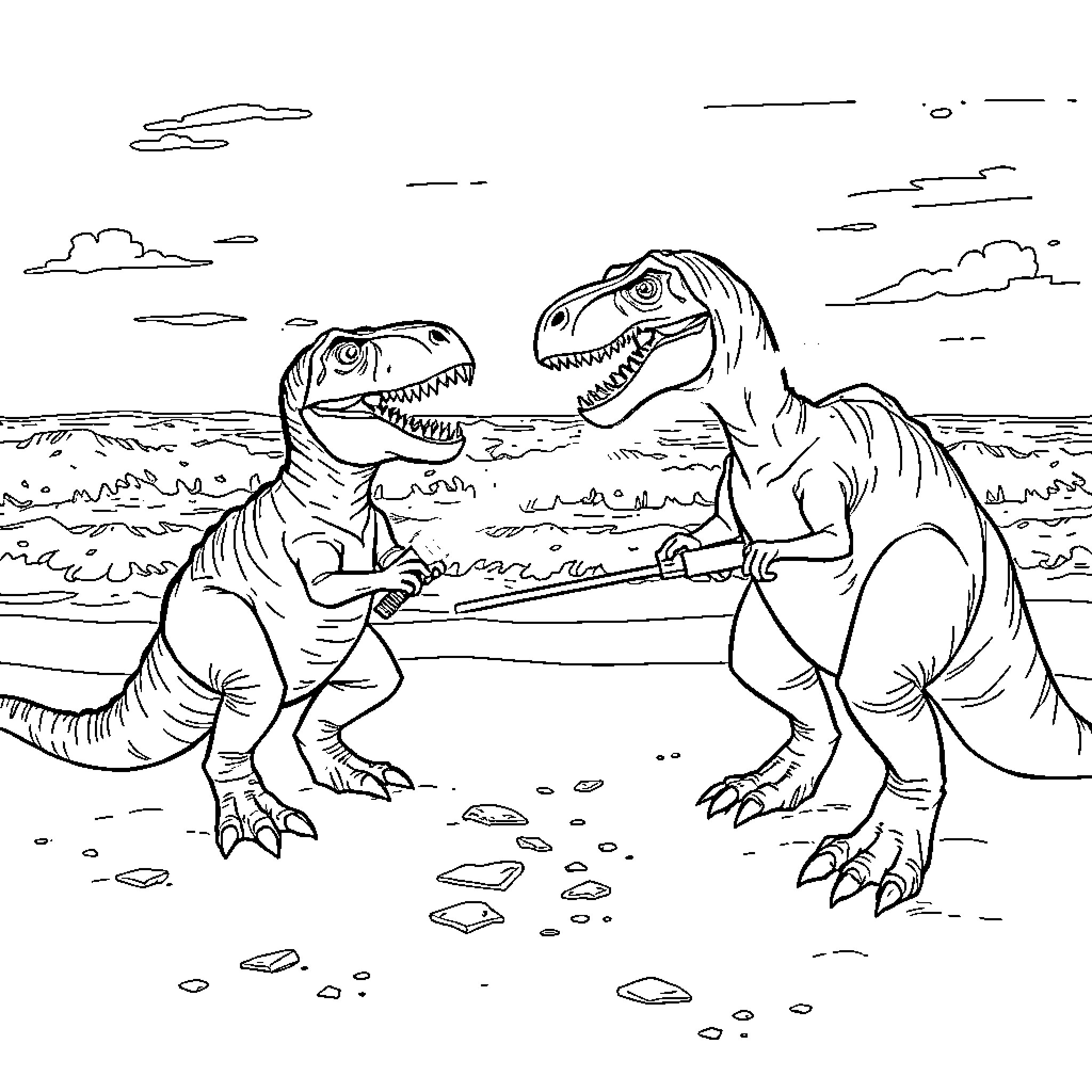 T-Rex Dinosaurs Engaging in Playful Interaction Coloring Page (free black-and-white line drawing printable PDF for all, from beginners to advanced learners, including children, teens, adults, and seniors)