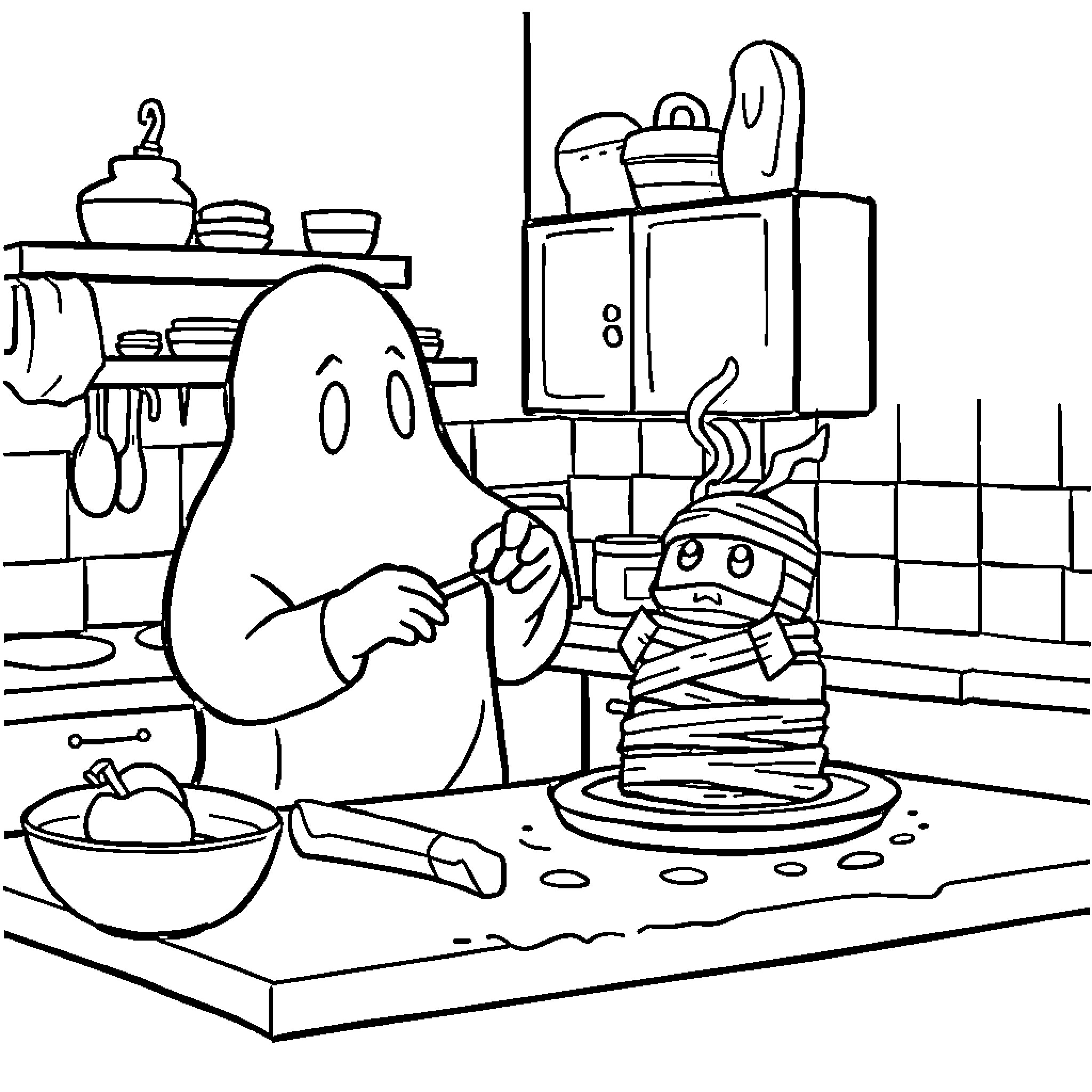 Ghost baking treats with mischievous monster assistant Coloring Page (free black-and-white line drawing printable PDF for all, from beginners to advanced learners, including children, teens, adults, and seniors)