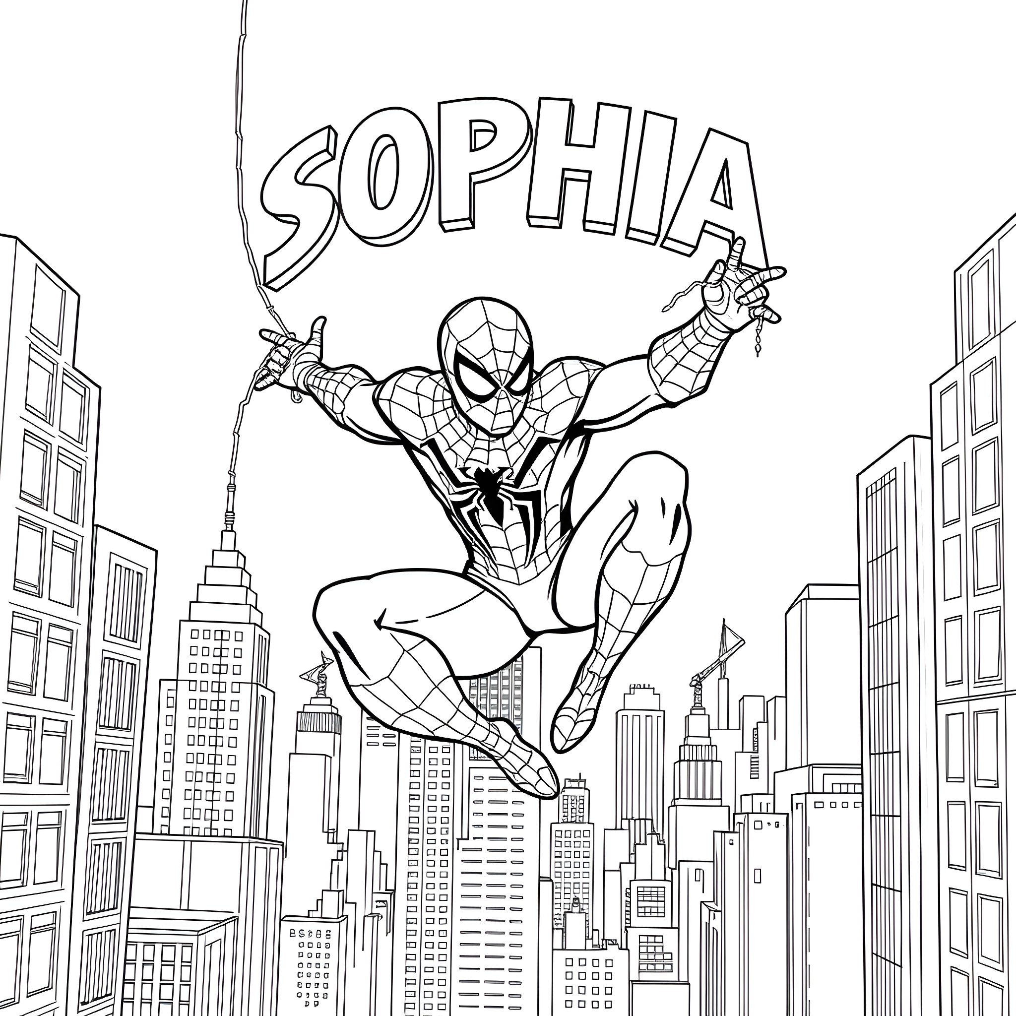 Spiderman swinging through the city of Sophia Coloring Page (free black-and-white line drawing printable PDF for all, from beginners to advanced learners, including children, teens, adults, and seniors)