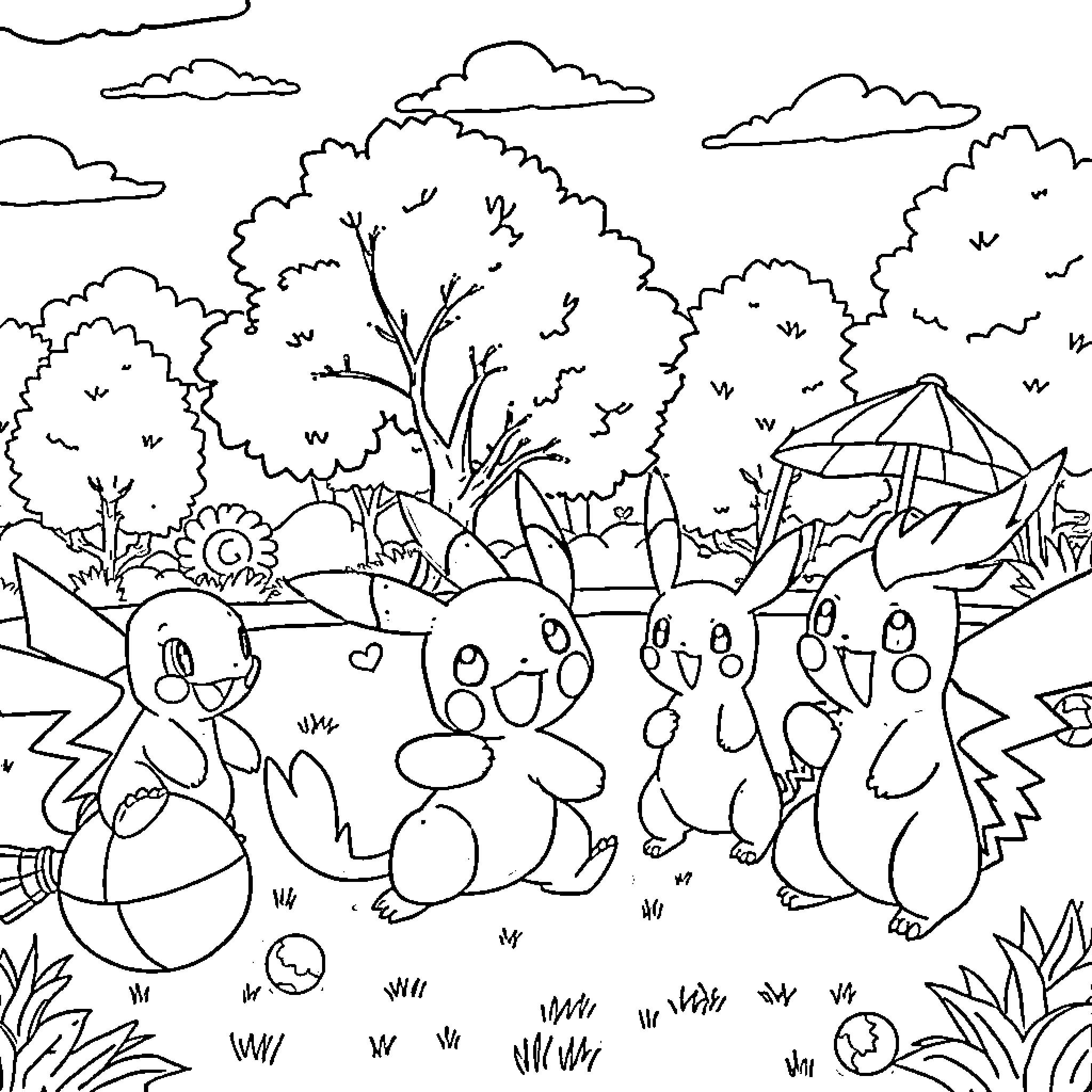 Pokémon playing together in a lush forest landscape Coloring Page (free black-and-white line drawing printable PDF for all, from beginners to advanced learners, including children, teens, adults, and seniors)