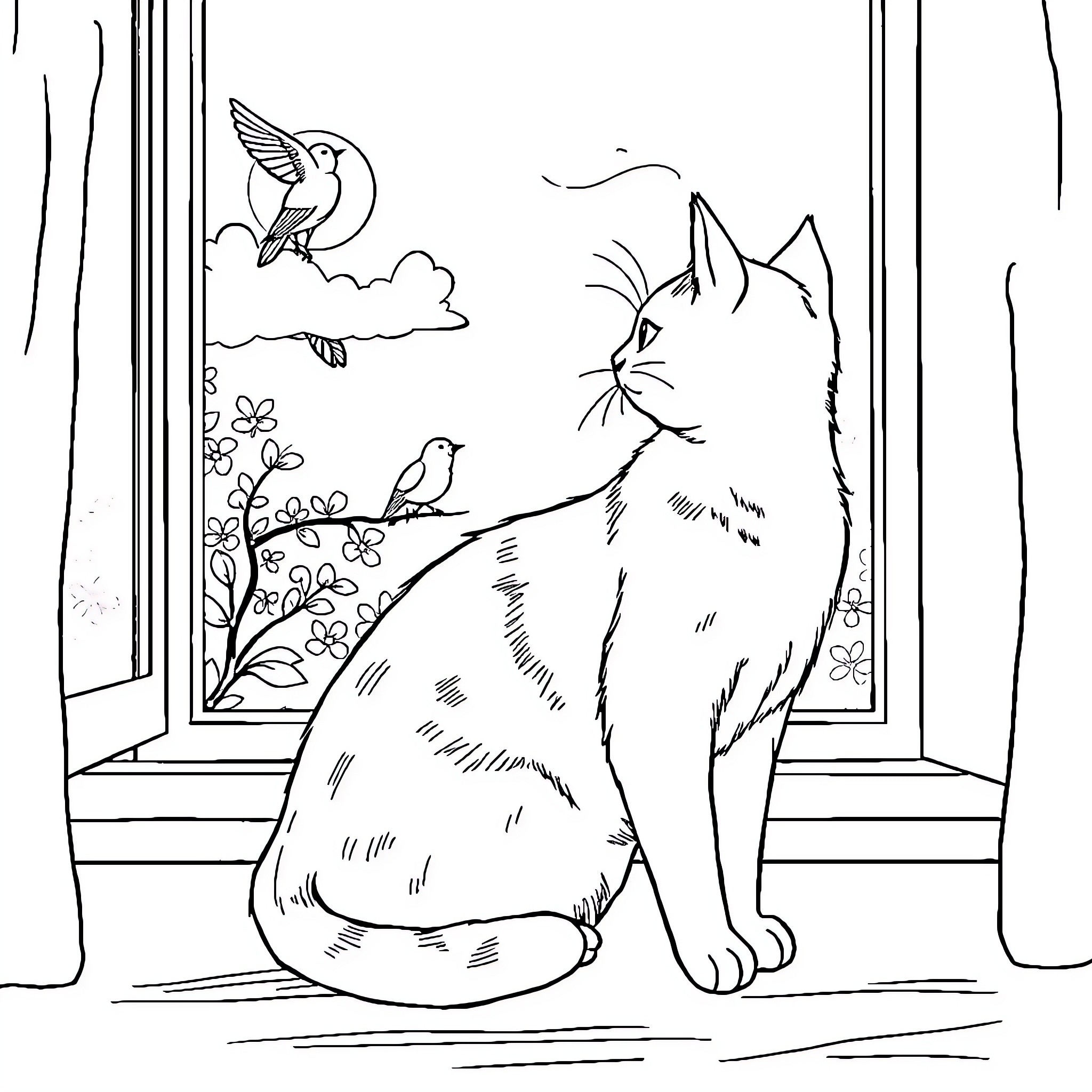 Gabi the Curious Cat Watching the Birds Coloring Page (free black-and-white line drawing printable PDF for all, from beginners to advanced learners, including children, teens, adults, and seniors)