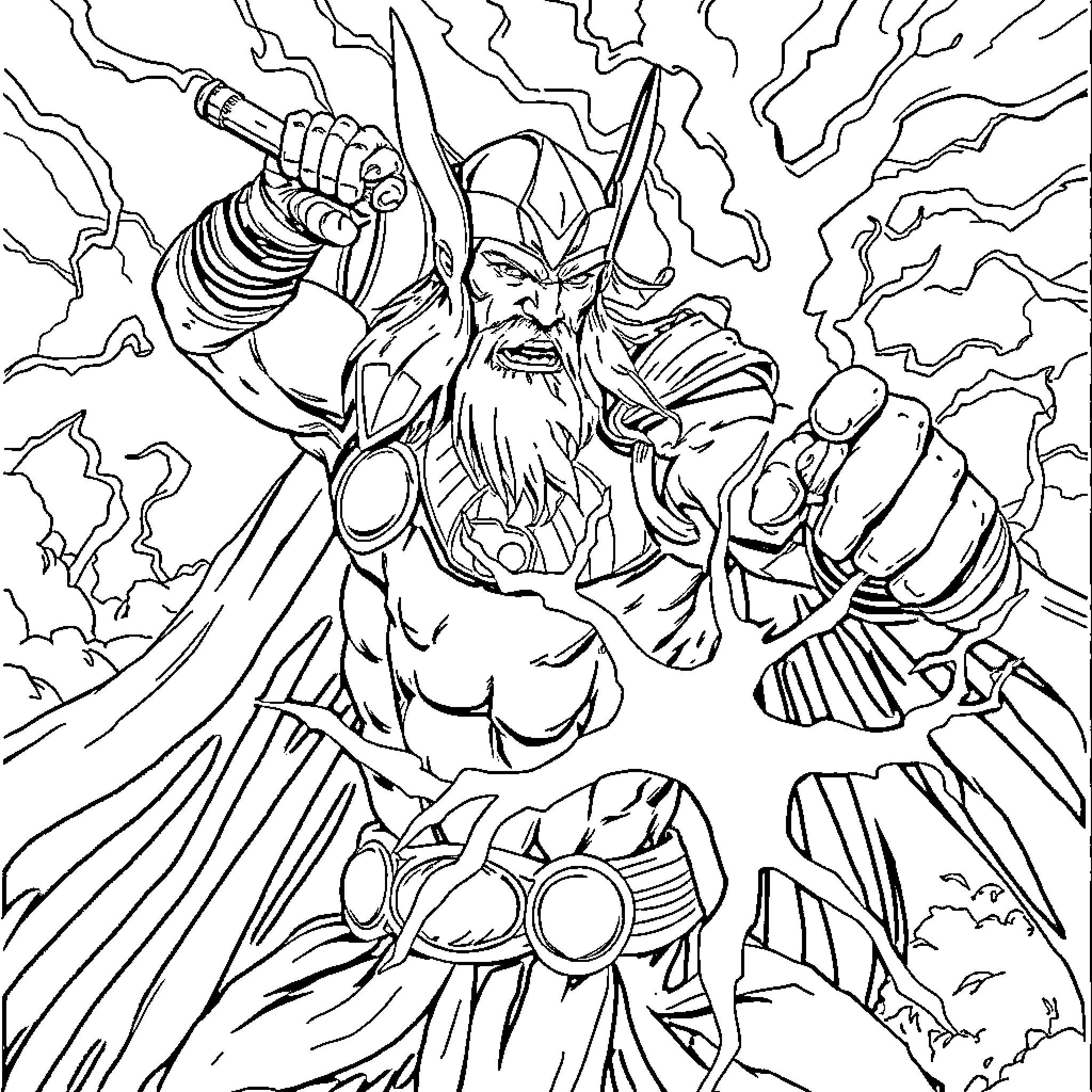 Thor wielding his mighty hammer in a thunderous storm Coloring Page (free black-and-white line drawing printable PDF for all, from beginners to advanced learners, including children, teens, adults, and seniors)
