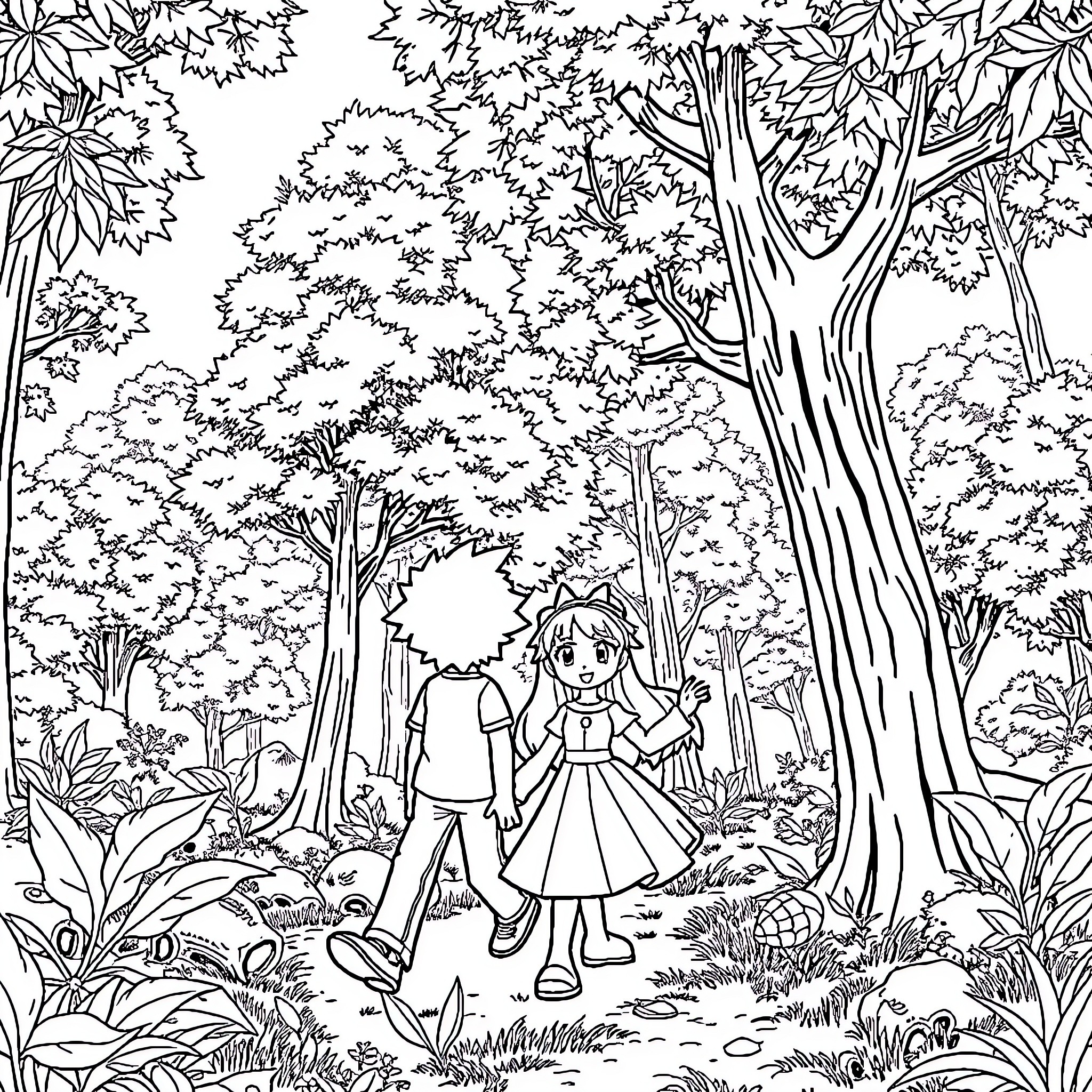 Cloud Fantasy Forest Walk Coloring Page (free black-and-white line drawing printable PDF for all, from beginners to advanced learners, including children, teens, adults, and seniors)