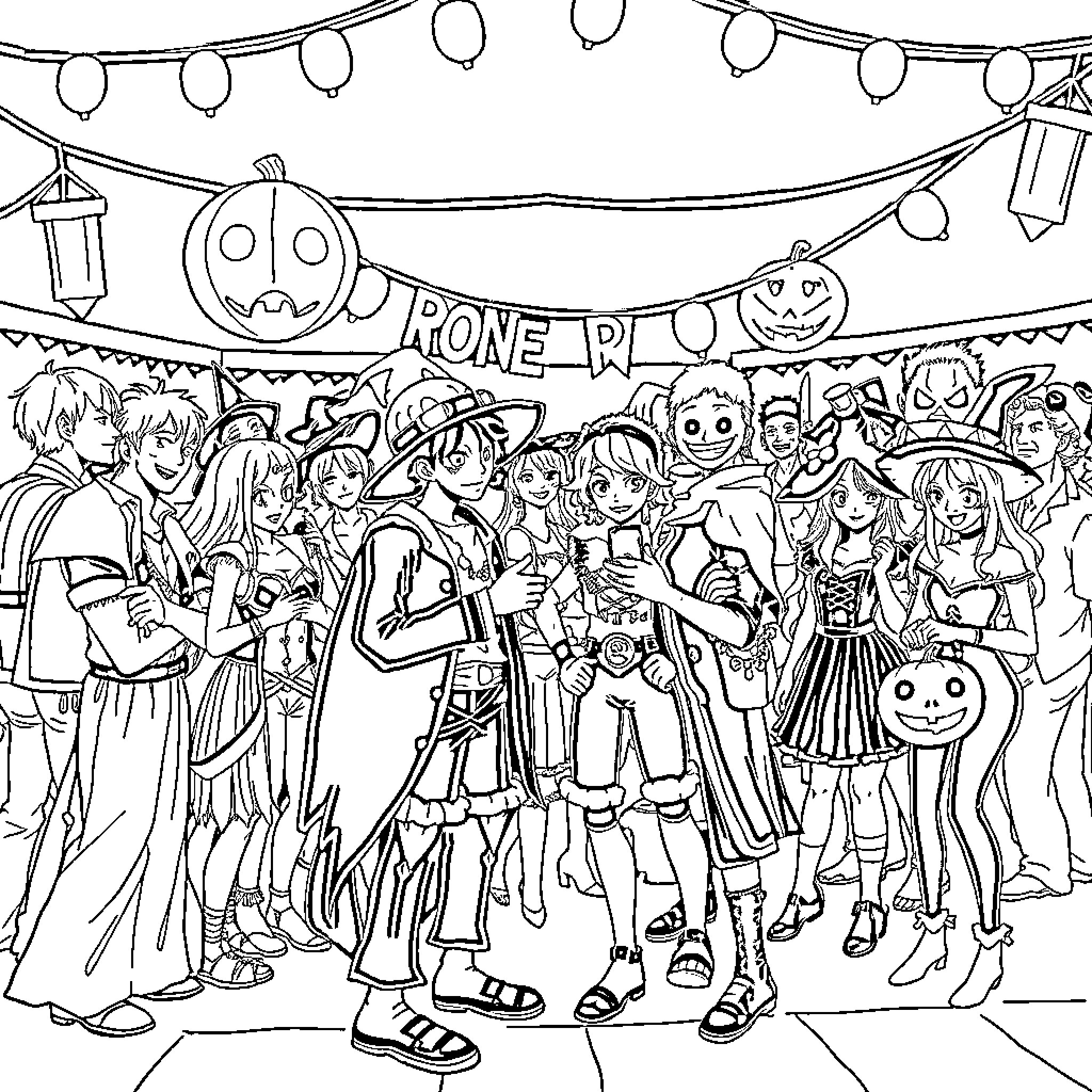 One Piece Halloween Party with Costumed Characters Coloring Page (free black-and-white line drawing printable PDF for all, from beginners to advanced learners, including children, teens, adults, and seniors)