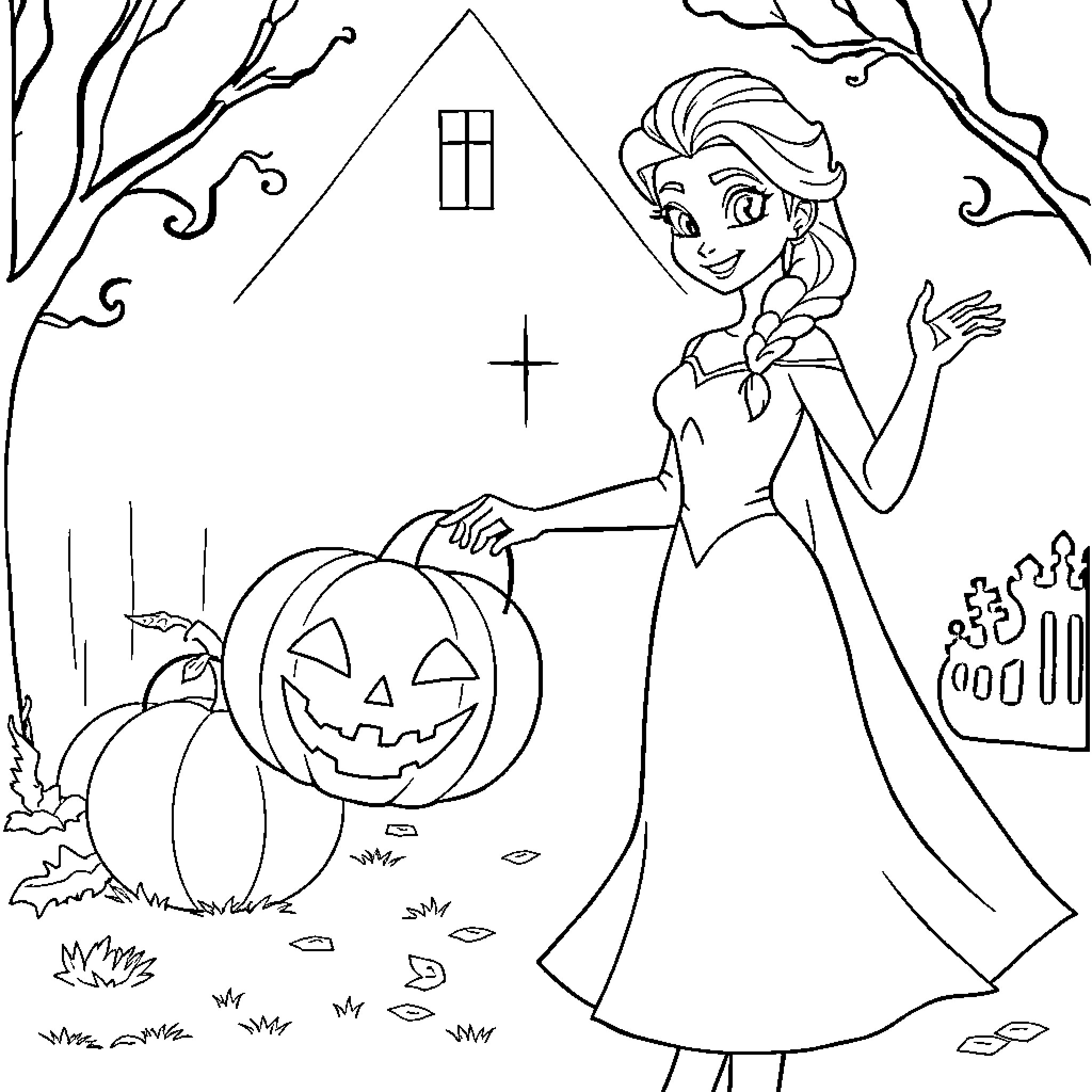 Elsa's Halloween Adventure Coloring Page (free black-and-white line drawing printable PDF for all, from beginners to advanced learners, including children, teens, adults, and seniors)