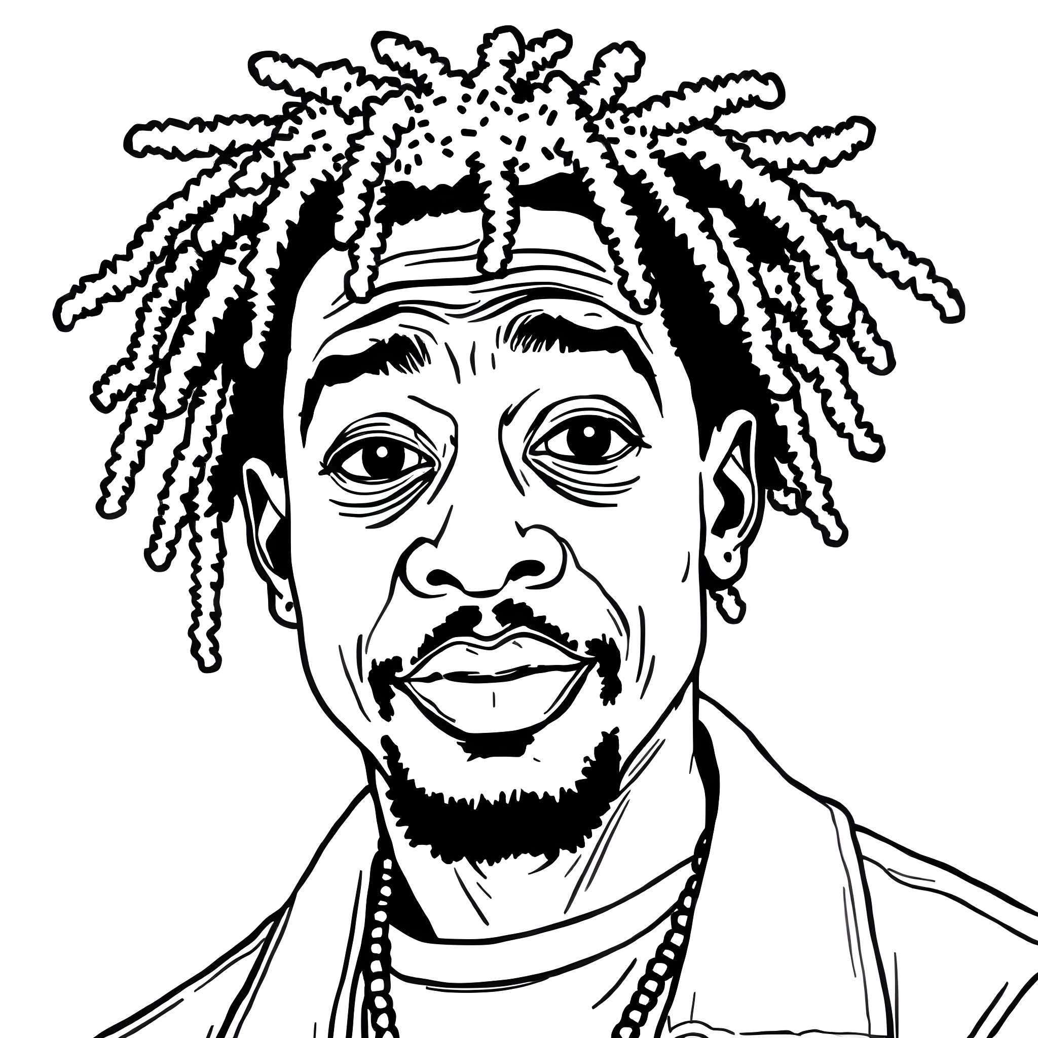 Dave Chappelle with iconic dreadlocks and serious expression Coloring Page (free black-and-white line drawing printable PDF for all, from beginners to advanced learners, including children, teens, adults, and seniors)