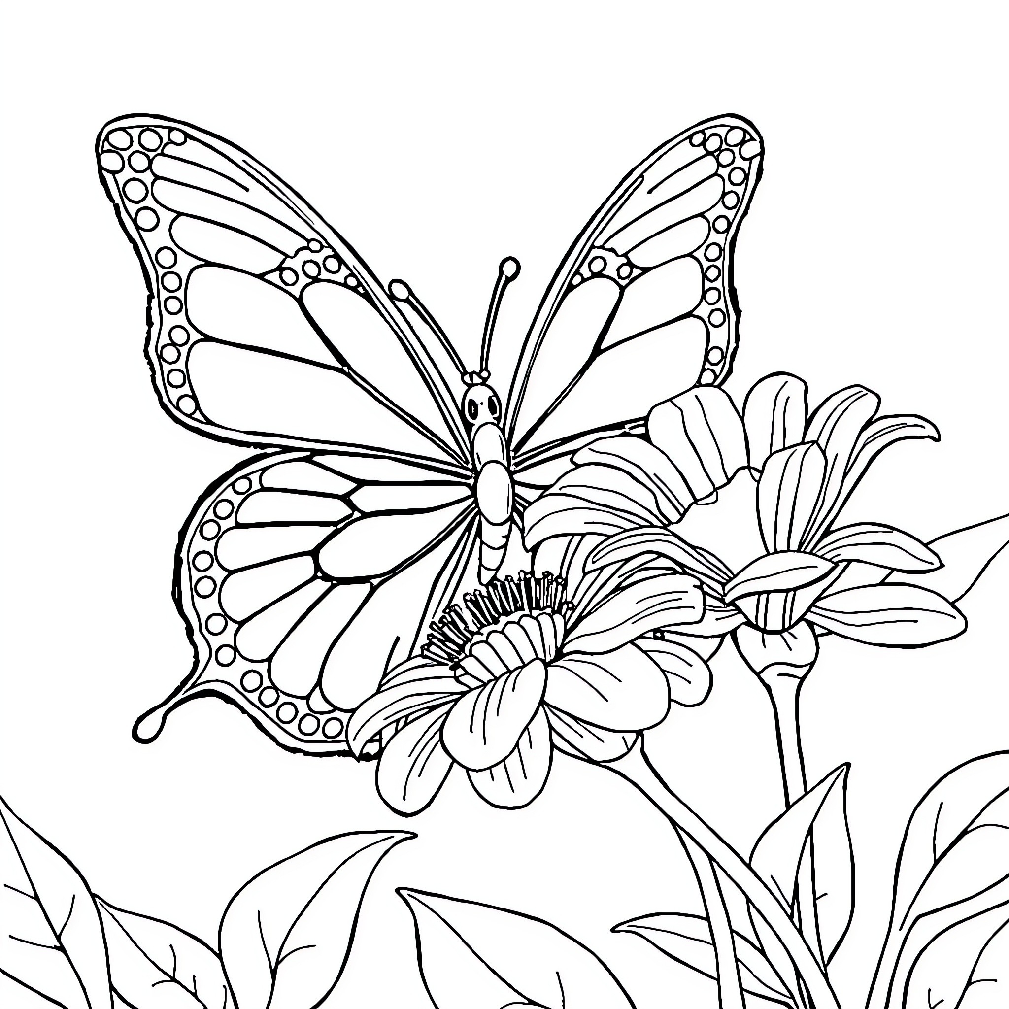 Papillon among vibrant flowers Coloring Page (free black-and-white line drawing printable PDF for all, from beginners to advanced learners, including children, teens, adults, and seniors)