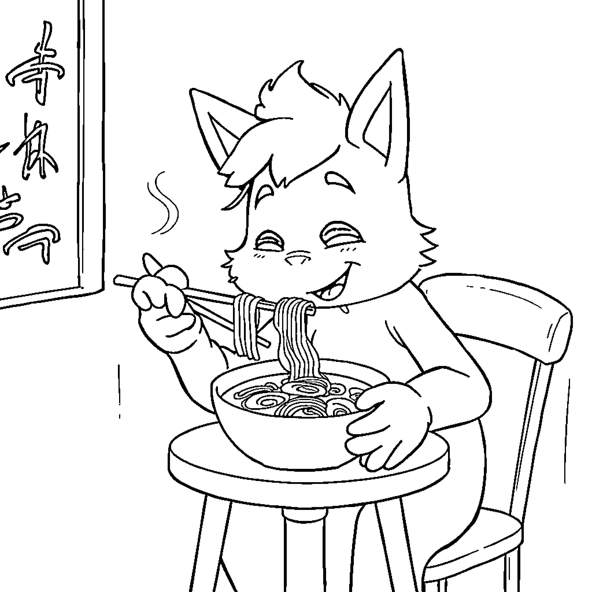 Huntrix Enjoying a Delightful Meal Coloring Page (free black-and-white line drawing printable PDF for all, from beginners to advanced learners, including children, teens, adults, and seniors)