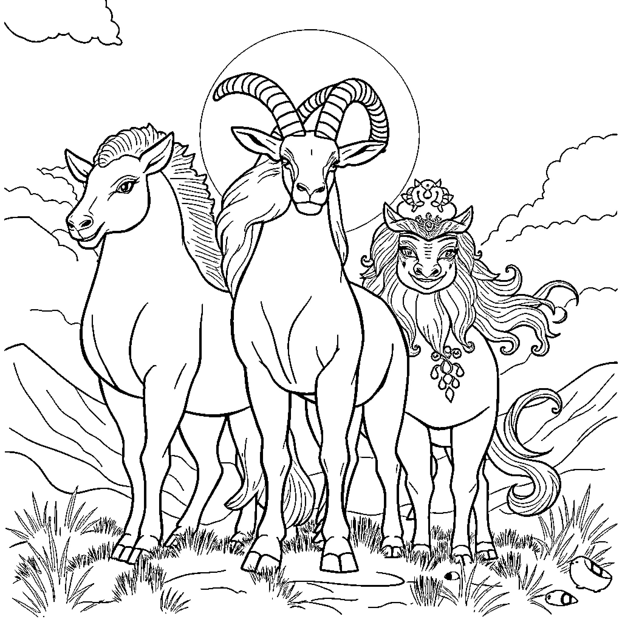 Capricorn goats and goddess in surreal landscape Coloring Page (free black-and-white line drawing printable PDF for all, from beginners to advanced learners, including children, teens, adults, and seniors)