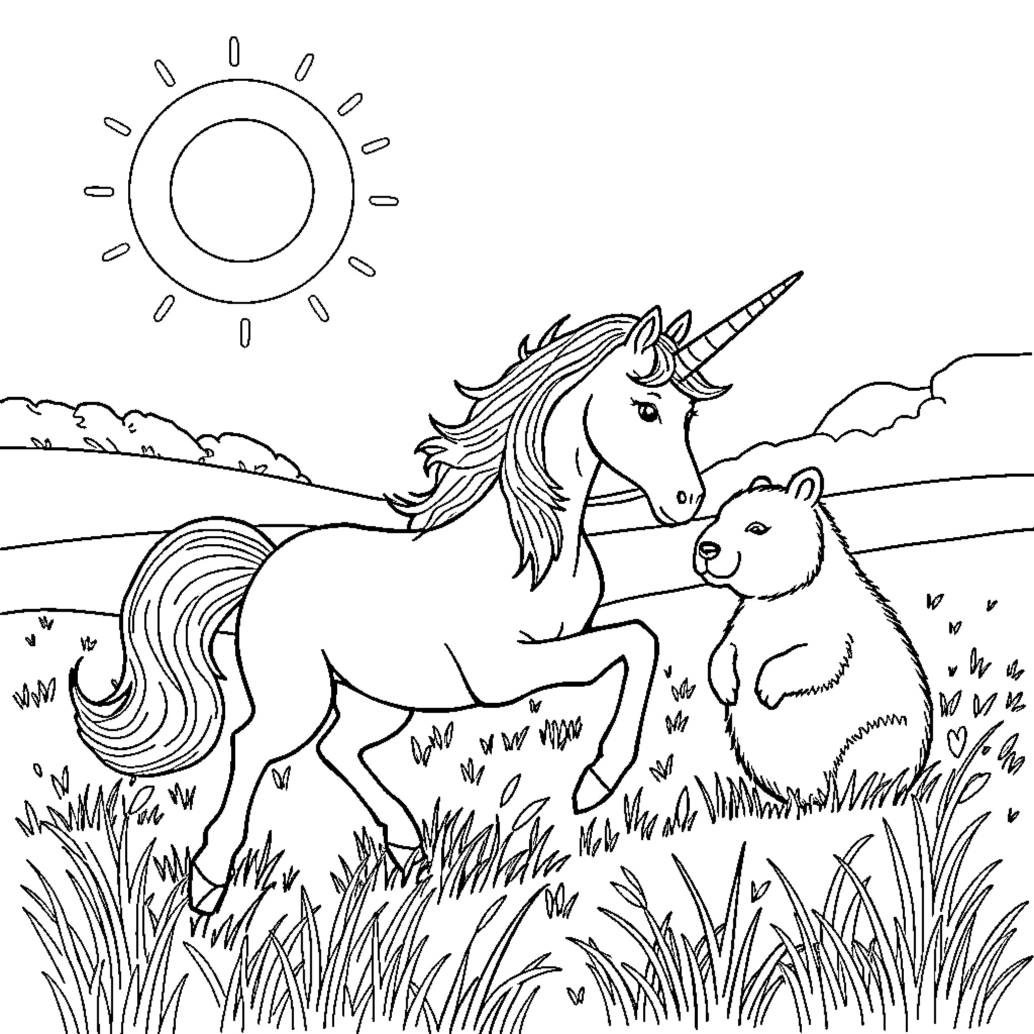 Unicorn frolicking with bear in the meadow Coloring Page (free black-and-white line drawing printable PDF for all, from beginners to advanced learners, including children, teens, adults, and seniors)