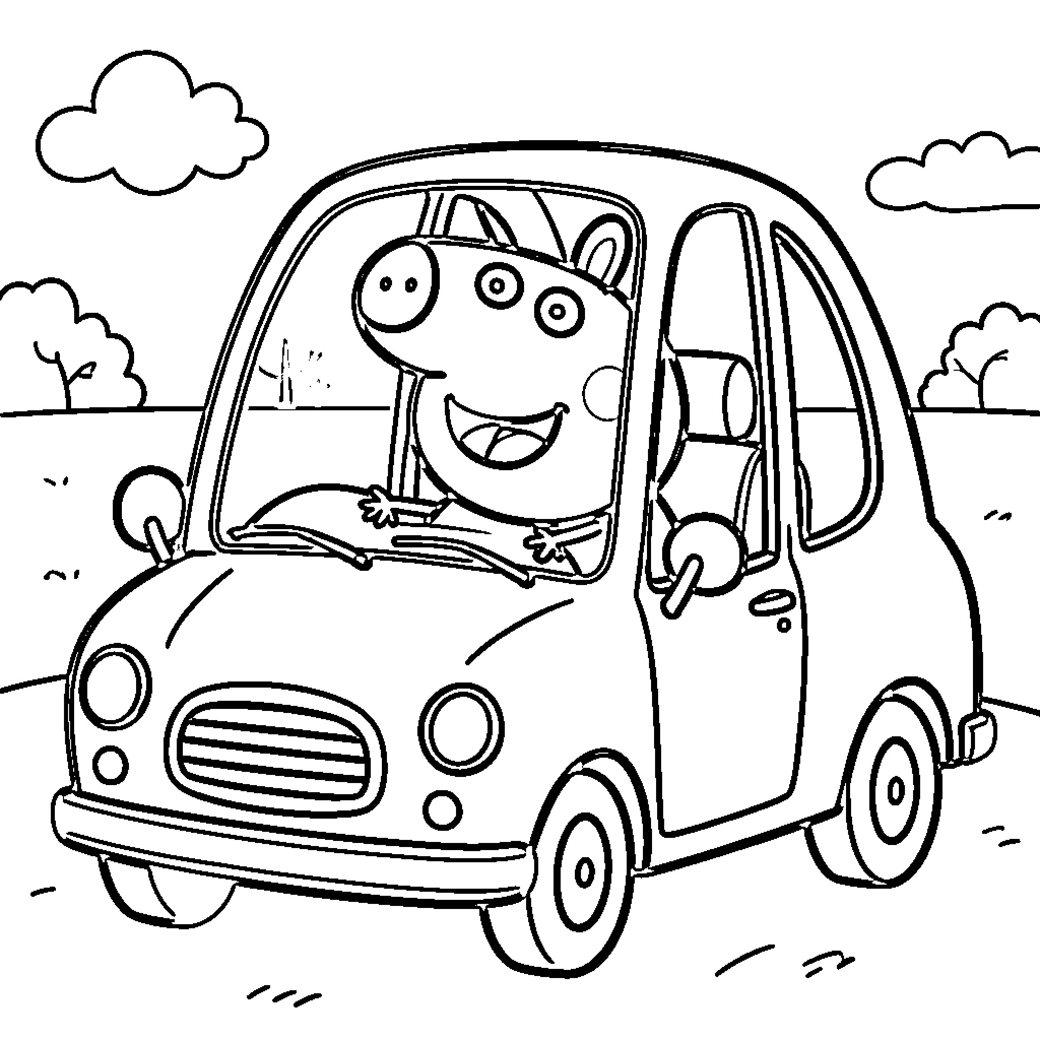 Peppa Pig happily driving a car in the countryside Coloring Page (free black-and-white line drawing printable PDF for all, from beginners to advanced learners, including children, teens, adults, and seniors)
