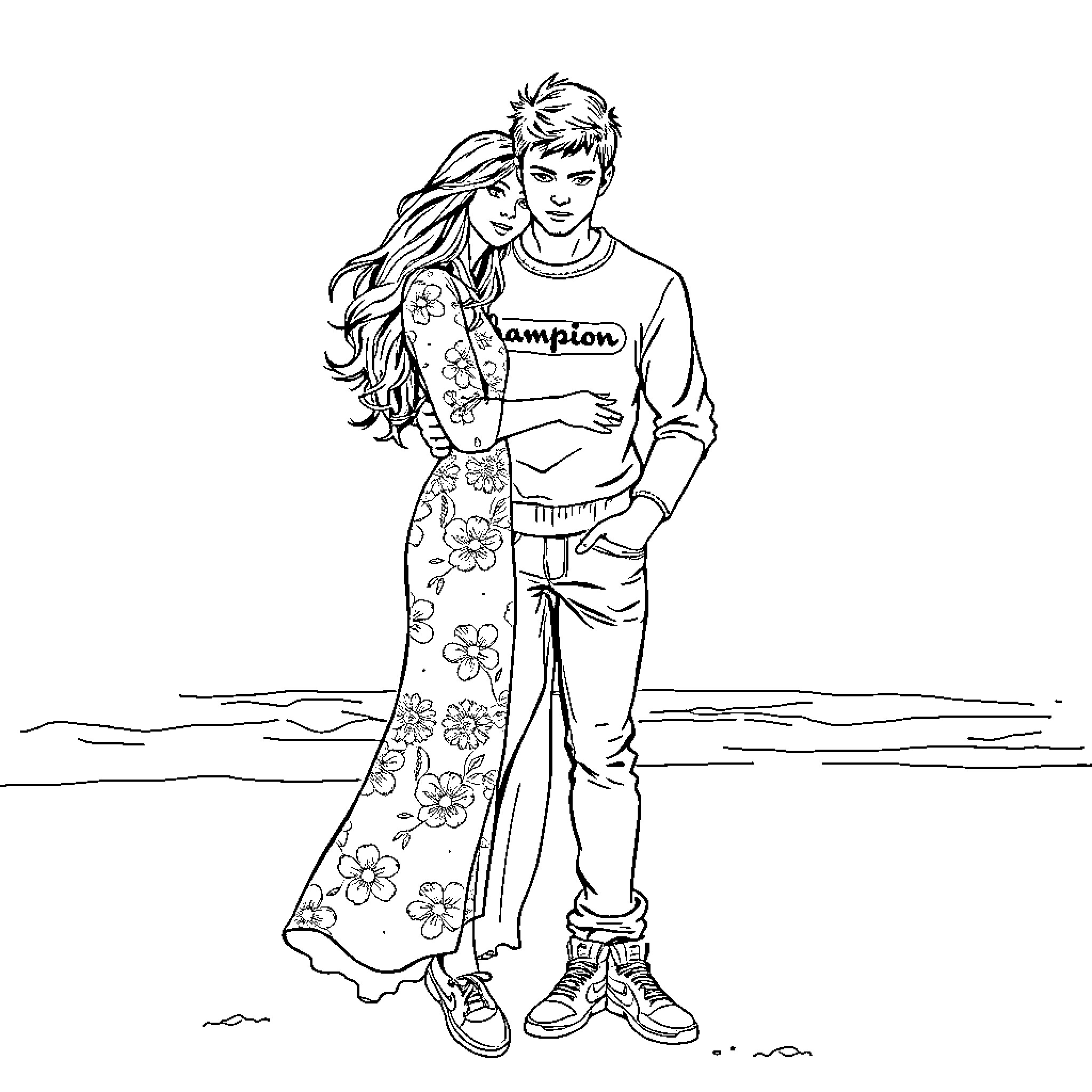 Woman in casual attire embracing a man Coloring Page (free black-and-white line drawing printable PDF for all, from beginners to advanced learners, including children, teens, adults, and seniors)
