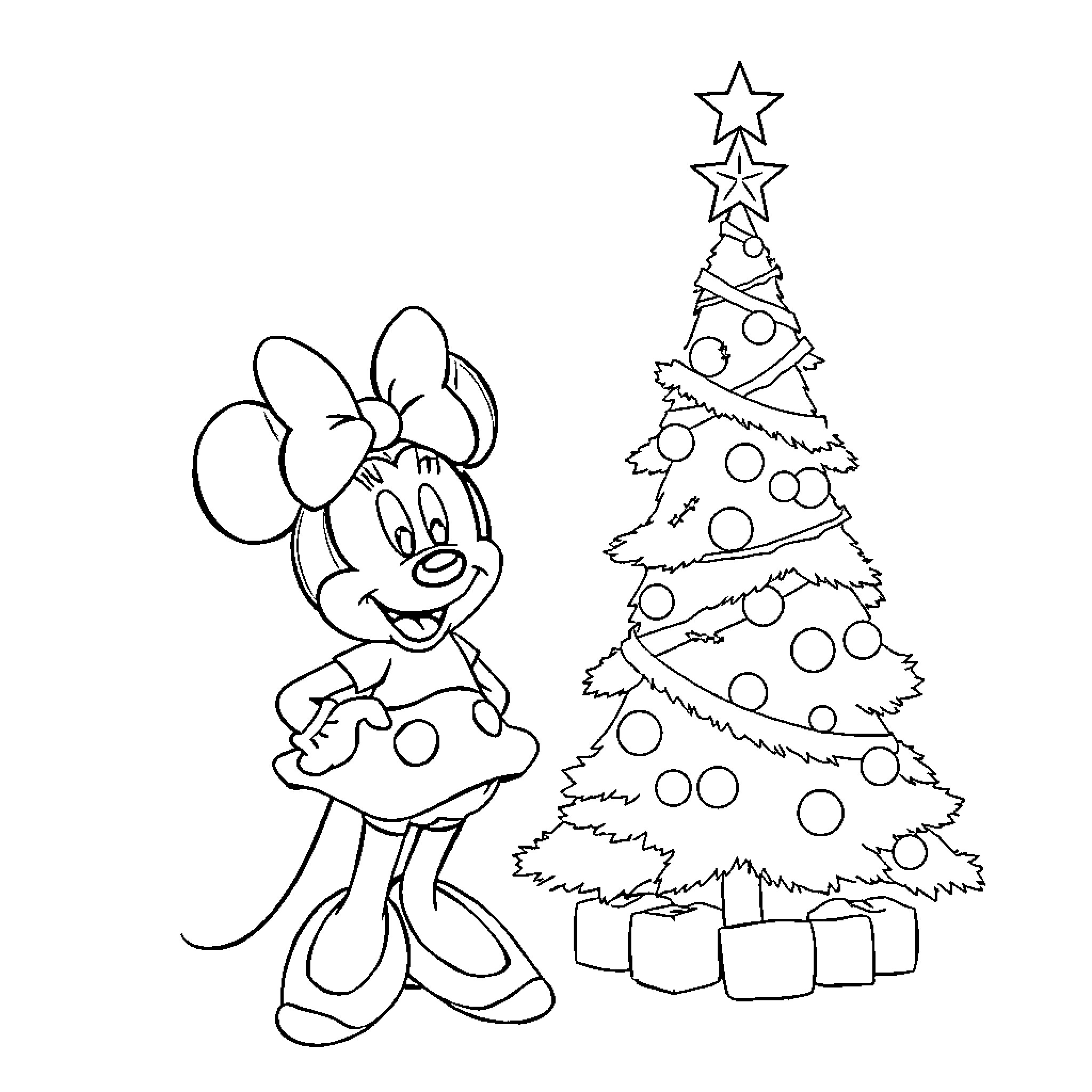 Minnie's Merry Christmas with Christmas Tree Coloring Page (free black-and-white line drawing printable PDF for all, from beginners to advanced learners, including children, teens, adults, and seniors)